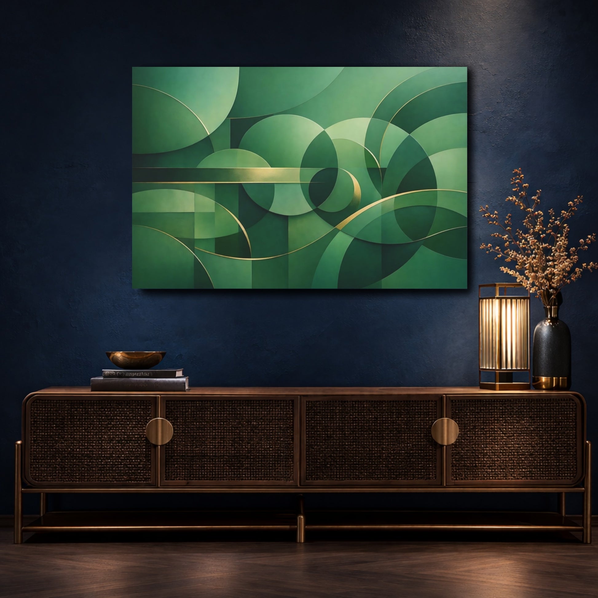 Mockup 4. Abstract Geometric Shapes Green And Gold shown as stretched canvas wall art