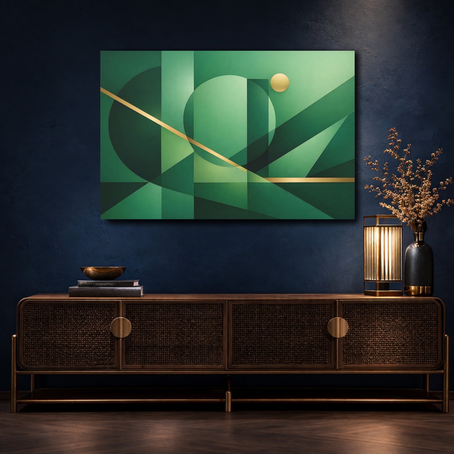 Mockup 4. Abstract Geometric Shapes Green And Gold shown as stretched canvas wall art