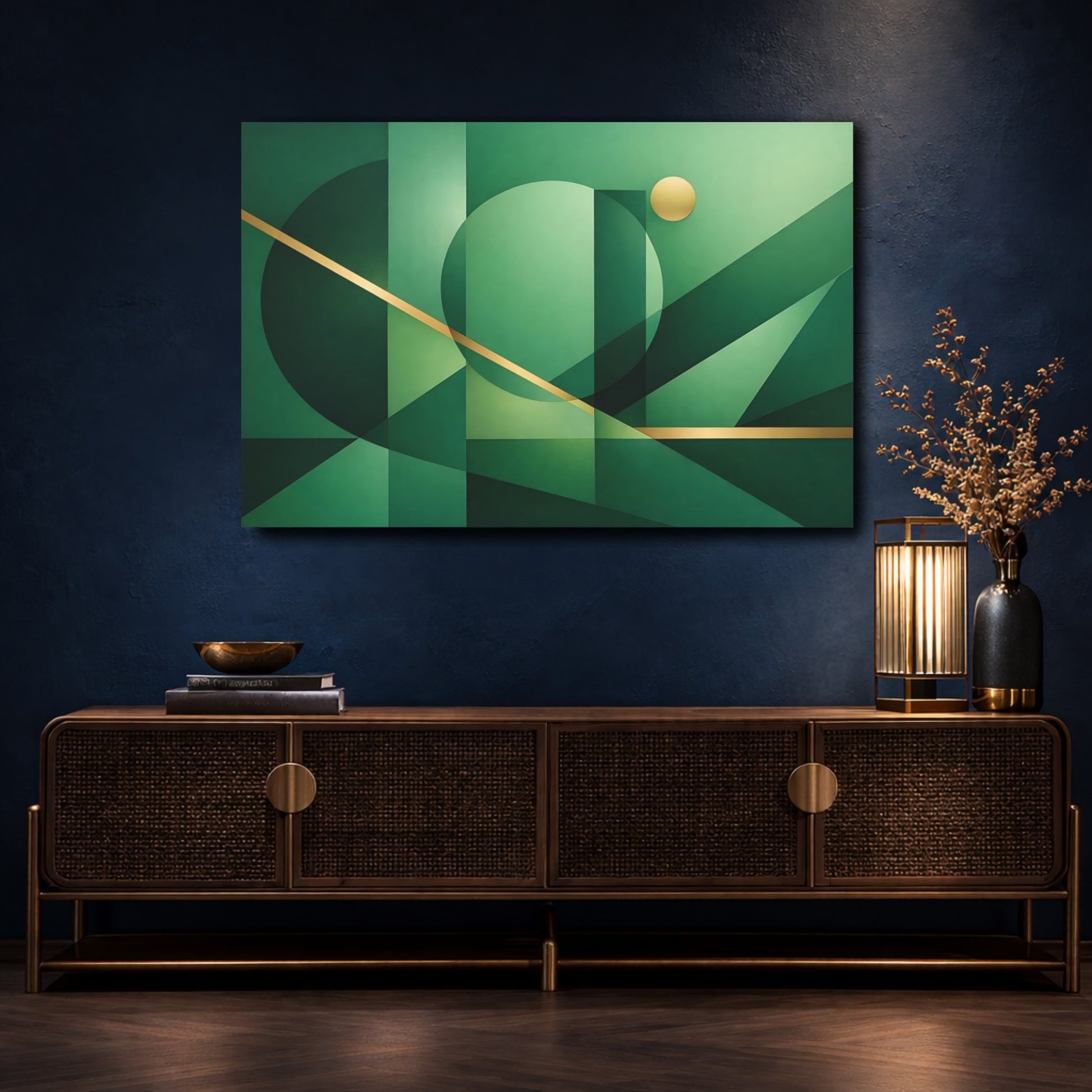 Mockup 4. Abstract Geometric Shapes Green And Gold shown as stretched canvas wall art