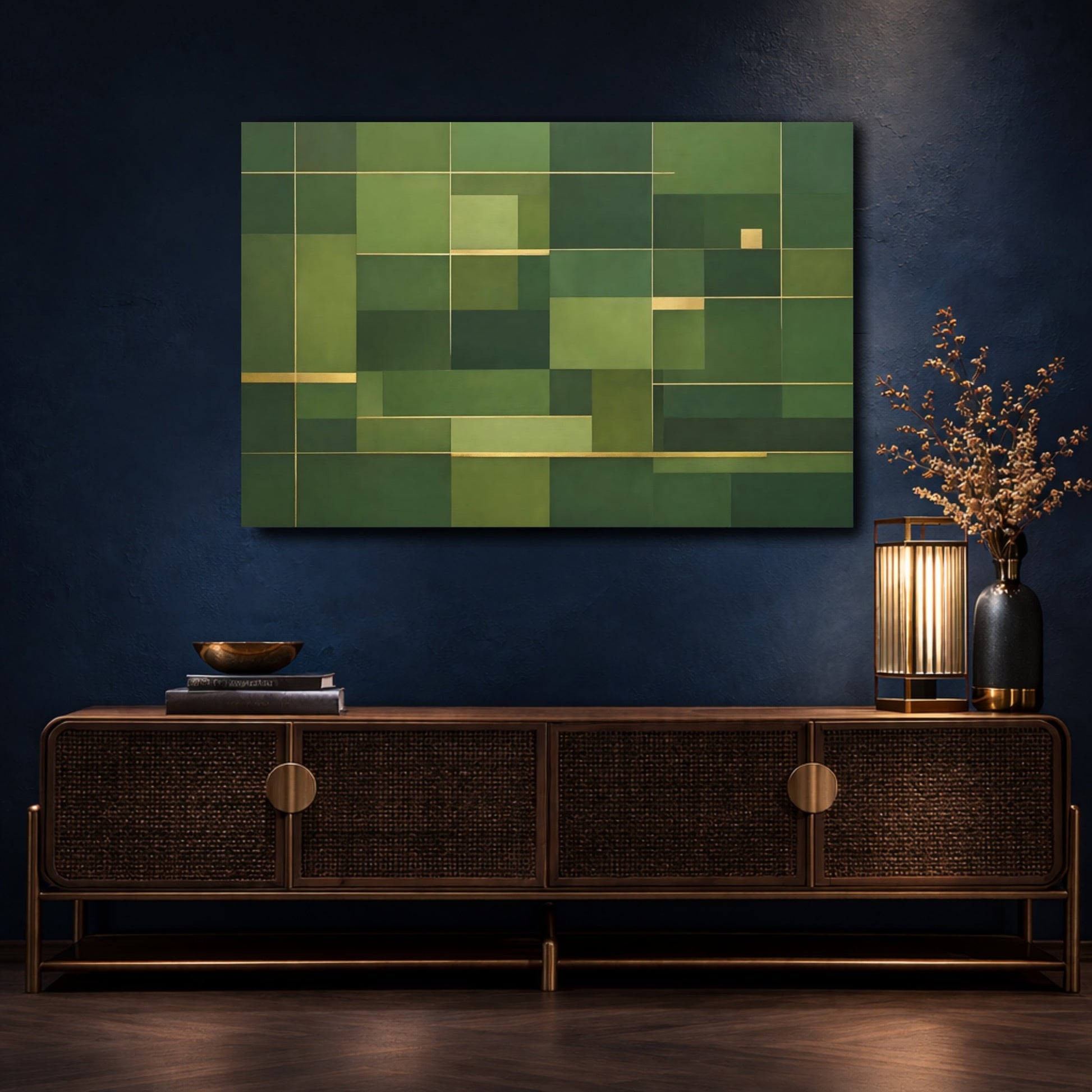 Mockup 4. Abstract Geometric Shapes Green And Gold shown as stretched canvas wall art