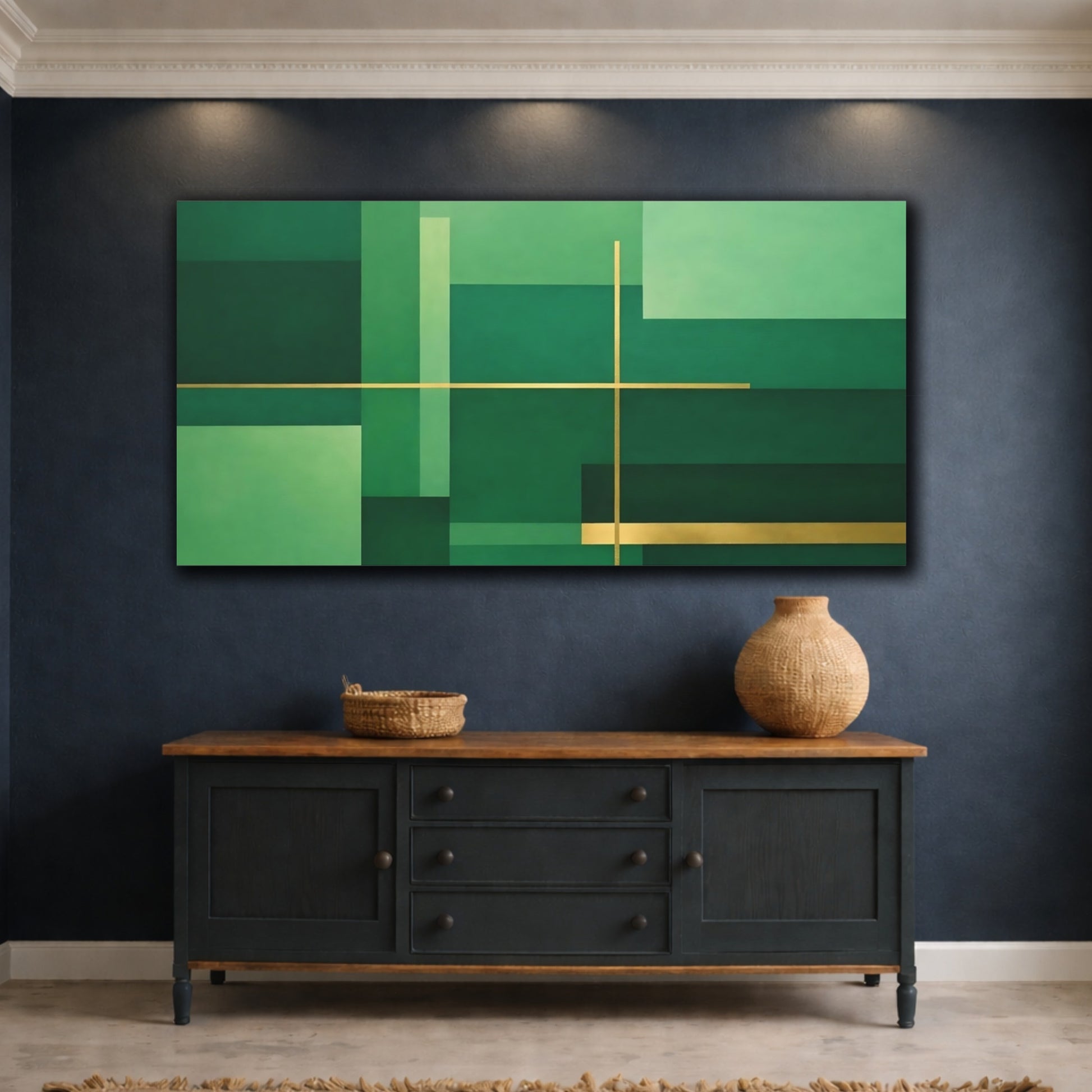 Mockup 4. Abstract Geometric Shapes Green And Gold shown as stretched canvas wall art