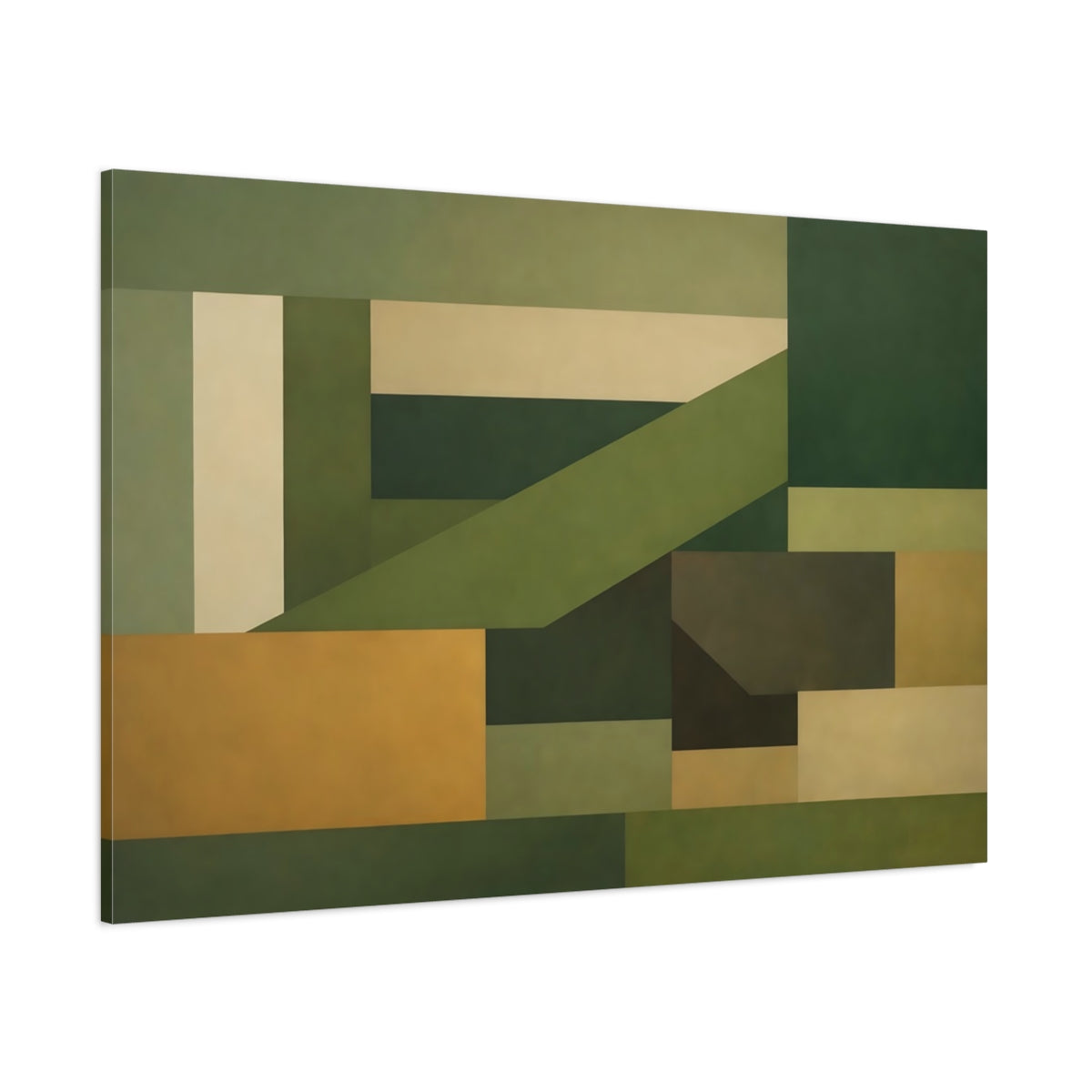 Main Mockup. Abstract Geometric Shapes Green And Khaki shown as stretched canvas wall art