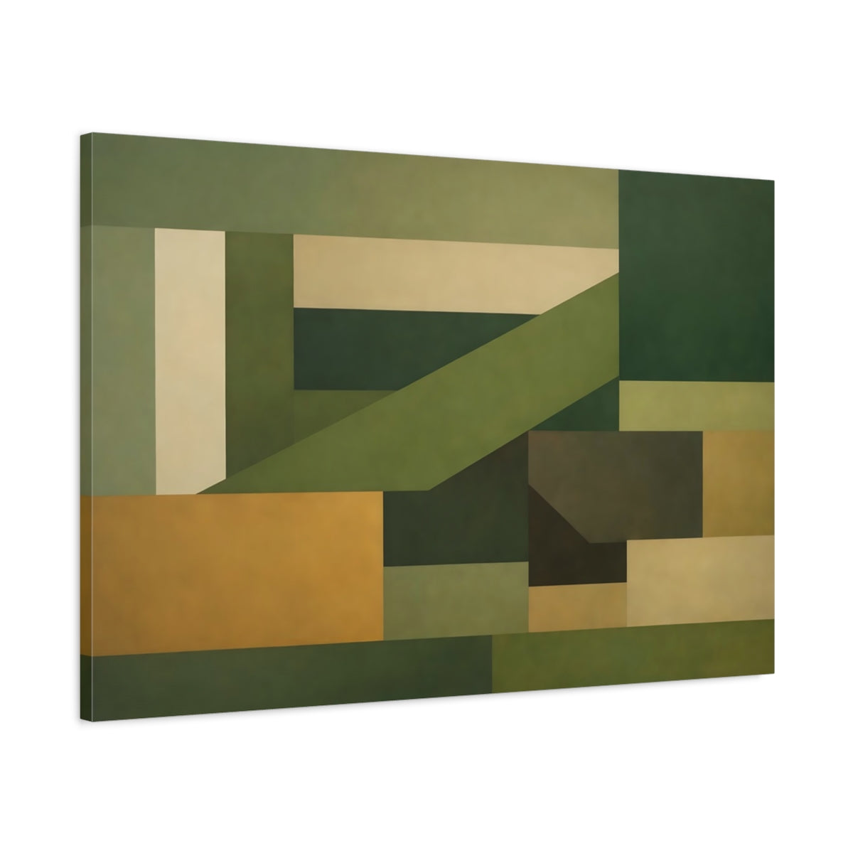 Side Mockup 1. Abstract Geometric Shapes Green And Khaki shown as stretched canvas wall art