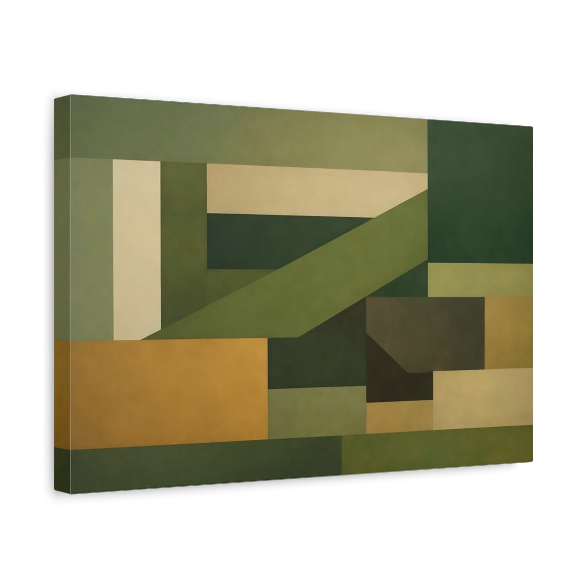 Side Mockup 4. Abstract Geometric Shapes Green And Khaki shown as stretched canvas wall art