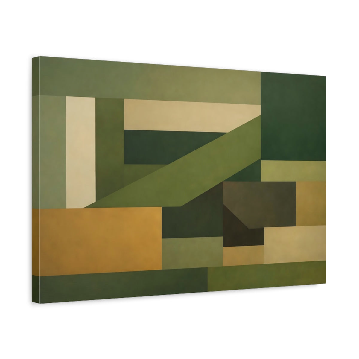 Side Mockup 3. Abstract Geometric Shapes Green And Khaki shown as stretched canvas wall art