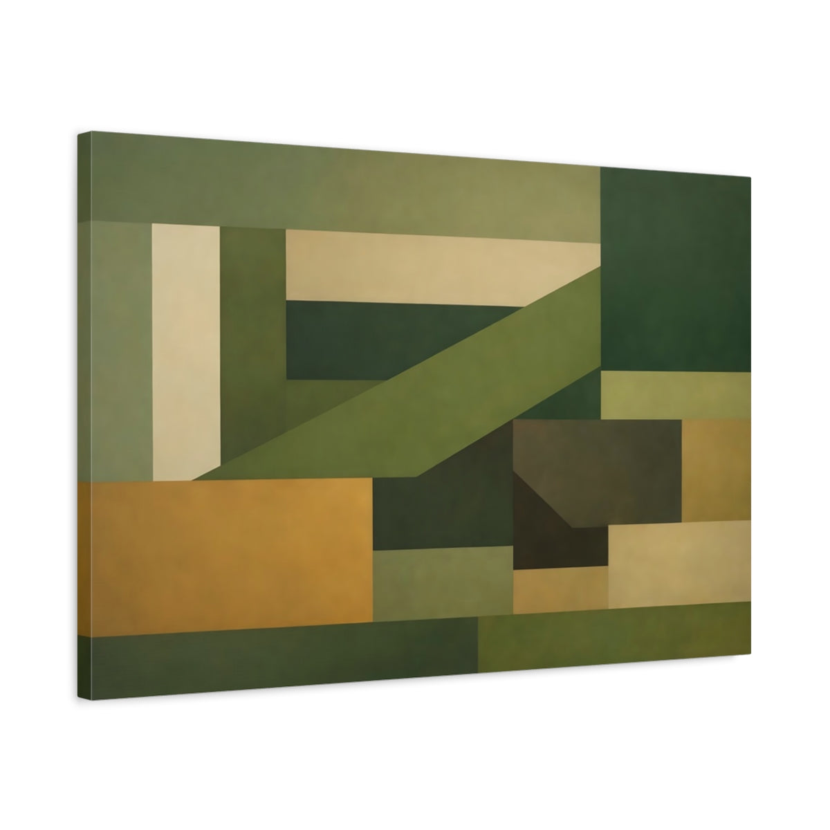 Side Mockup 2. Abstract Geometric Shapes Green And Khaki shown as stretched canvas wall art