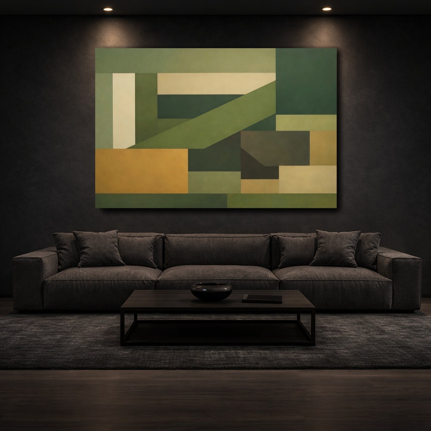 Mockup 2. Abstract Geometric Shapes Green And Khaki shown as stretched canvas wall art