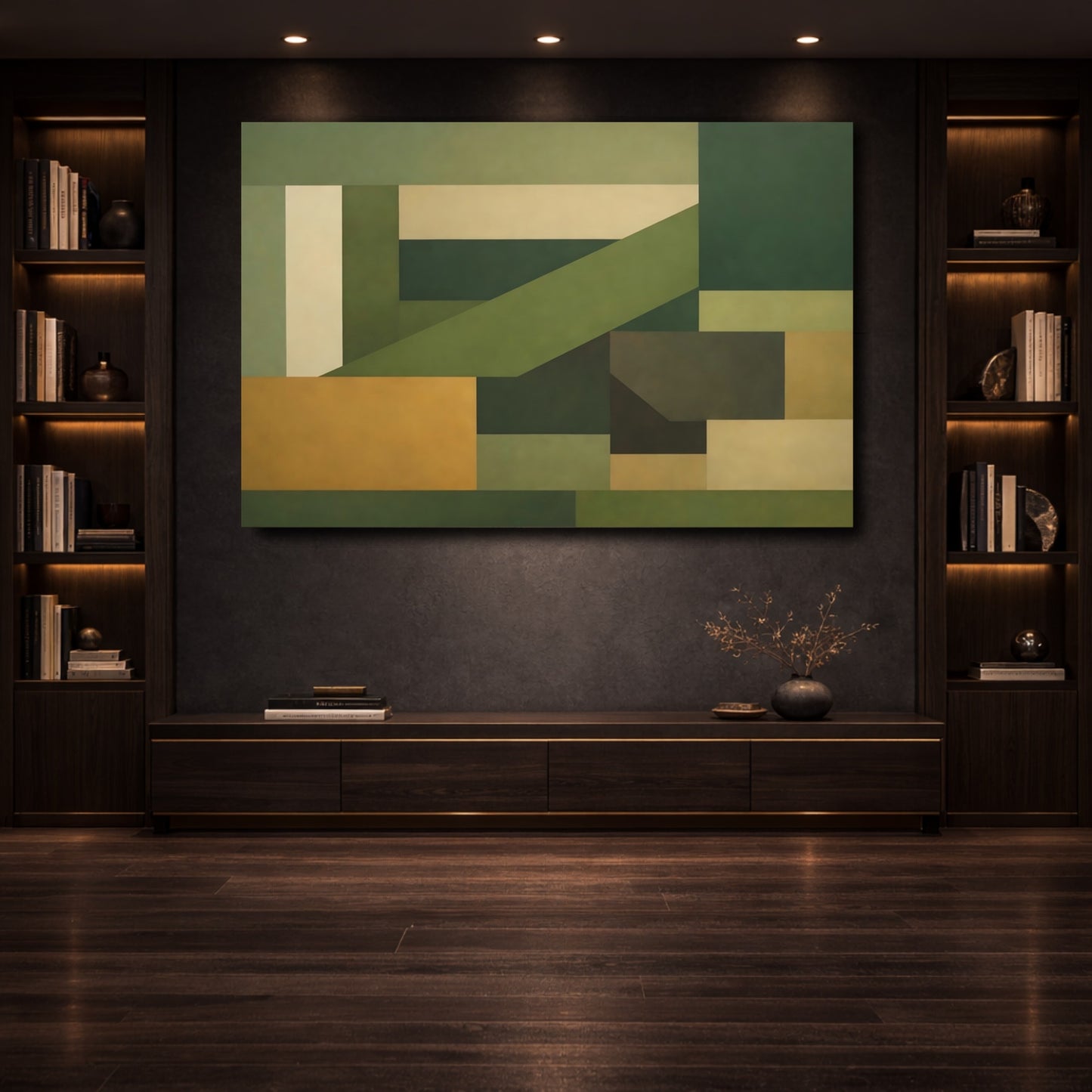Mockup 3. Abstract Geometric Shapes Green And Khaki shown as stretched canvas wall art