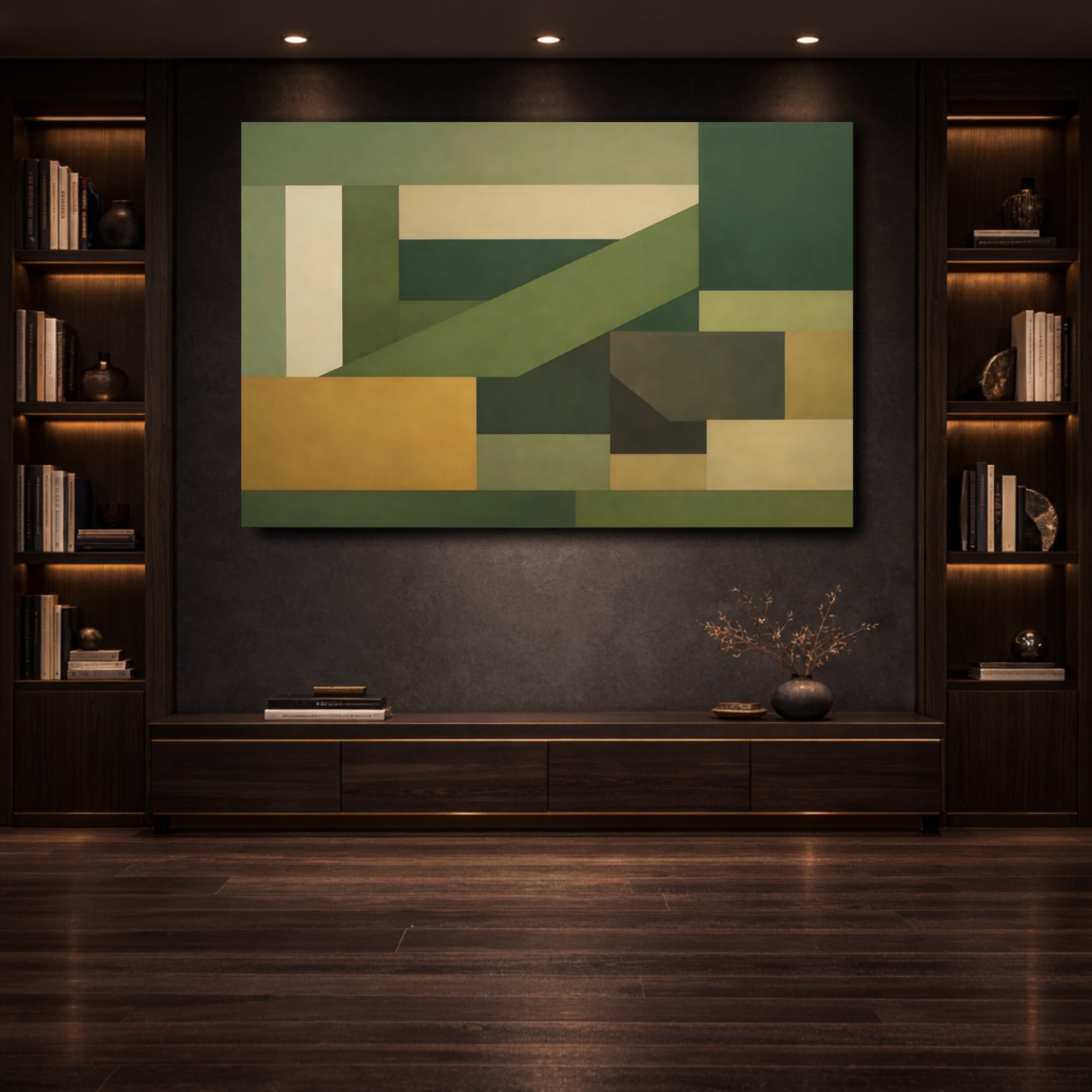 Mockup 3. Abstract Geometric Shapes Green And Khaki shown as stretched canvas wall art