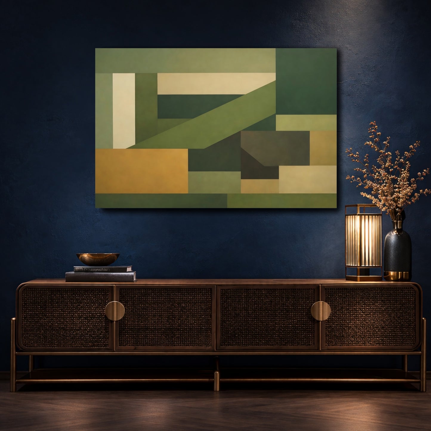 Mockup 4. Abstract Geometric Shapes Green And Khaki shown as stretched canvas wall art