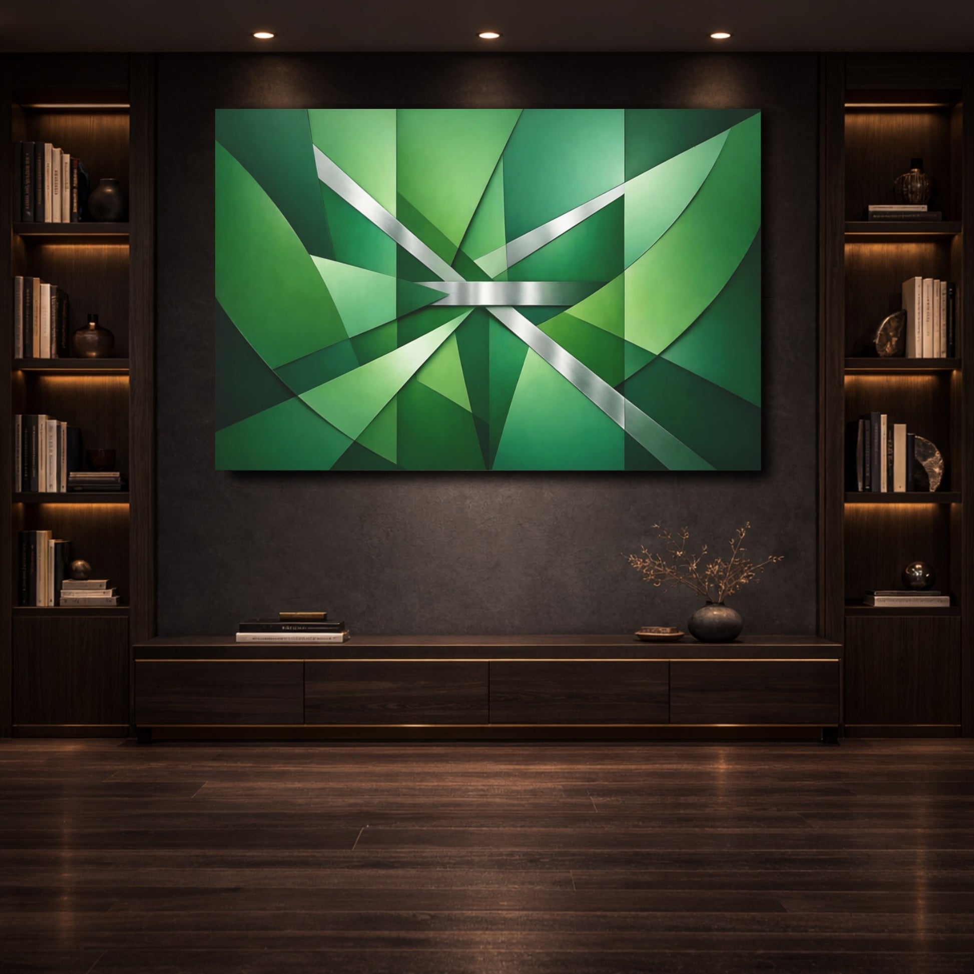 Mockup 3. Abstract Geometric Shapes Green Geometric shown as stretched canvas wall art