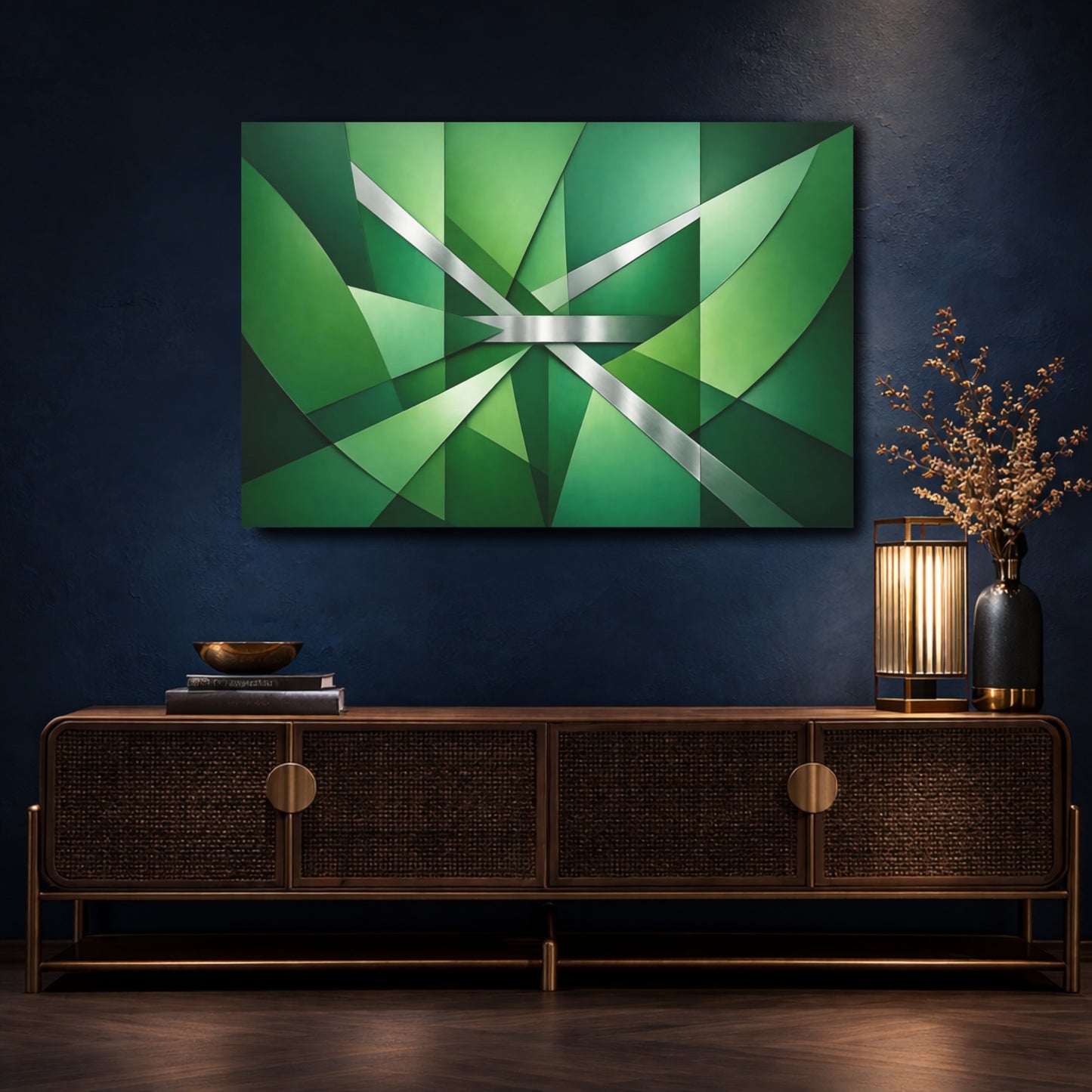 Mockup 4. Abstract Geometric Shapes Green Geometric shown as stretched canvas wall art