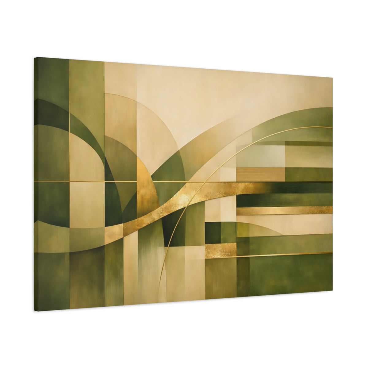 Main Mockup. Abstract Geometric Shapes Green Gold Abstract shown as stretched canvas wall art