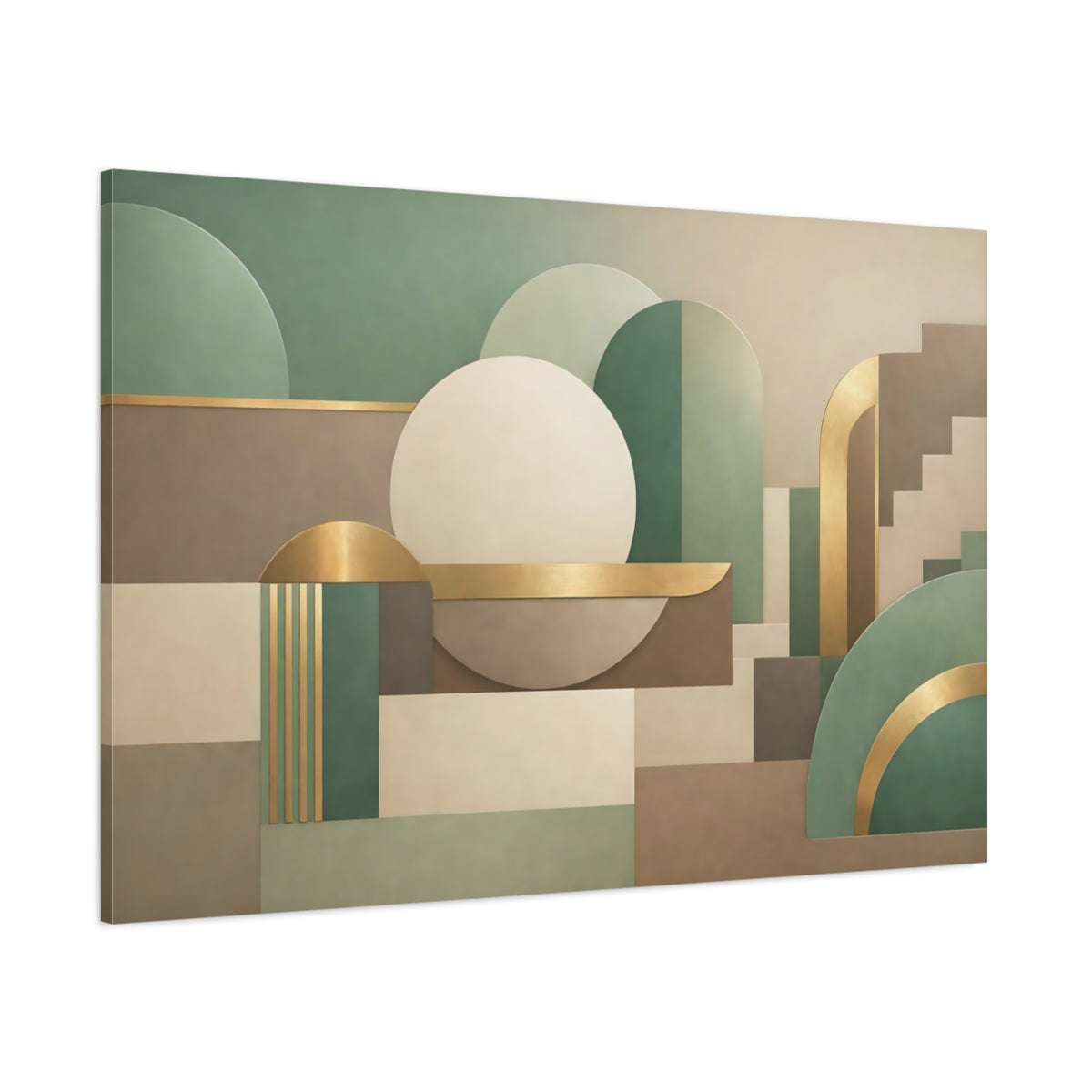 Main Mockup. Abstract Geometric Shapes Green Gold Abstract shown as stretched canvas wall art