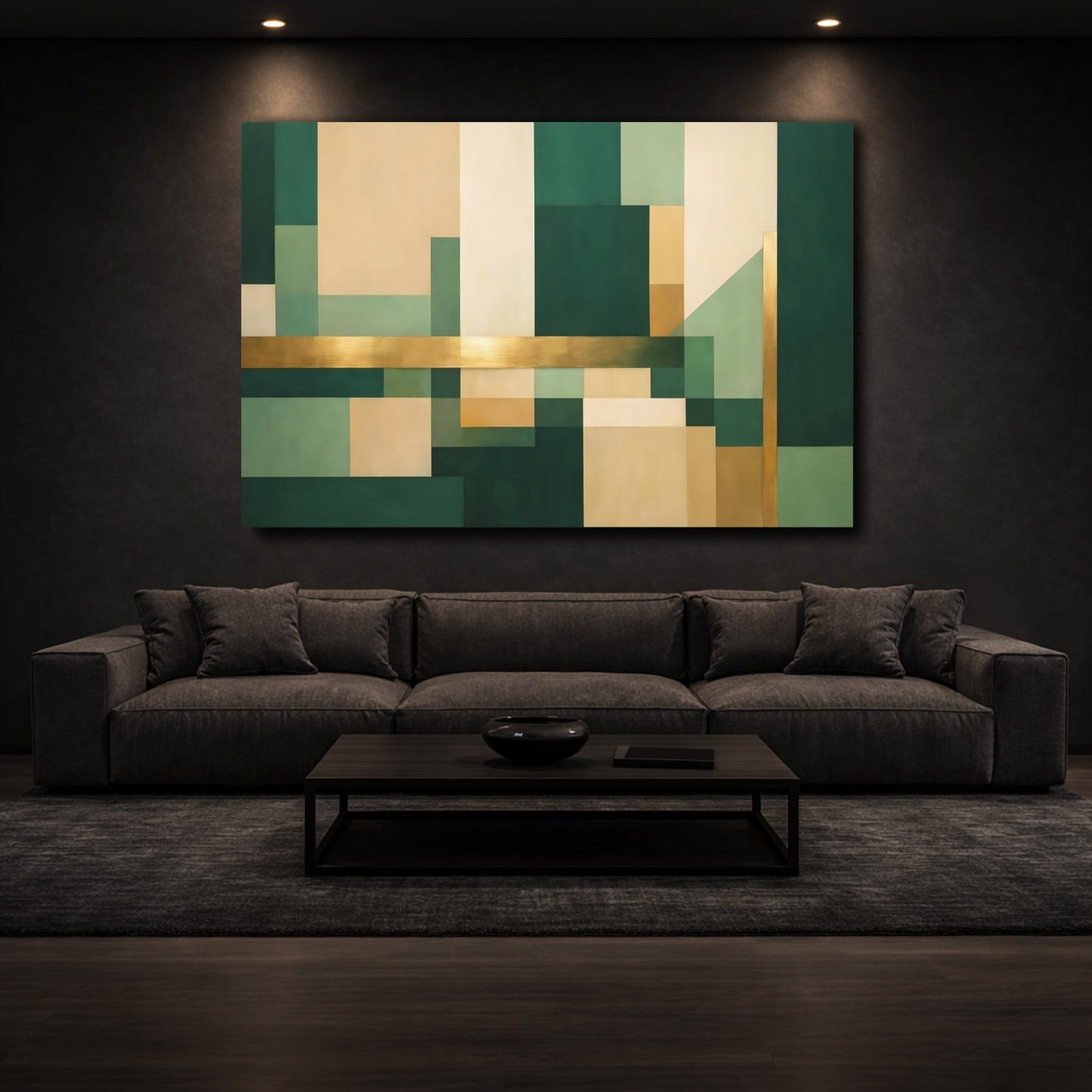Mockup 2. Abstract Geometric Shapes Green Gold Abstract shown as stretched canvas wall art