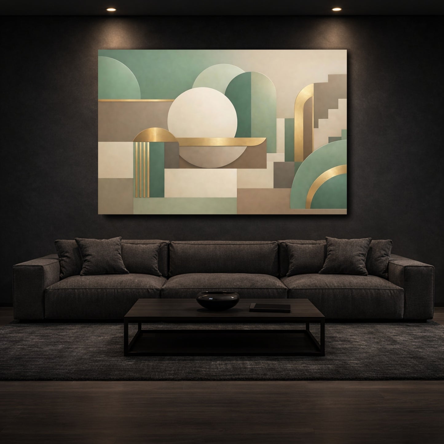 Mockup 2. Abstract Geometric Shapes Green Gold Abstract shown as stretched canvas wall art