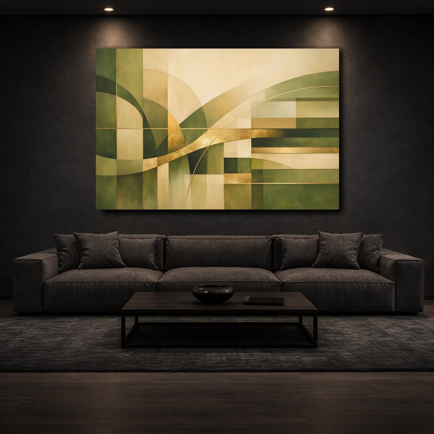Mockup 2. Abstract Geometric Shapes Green Gold Abstract shown as stretched canvas wall art