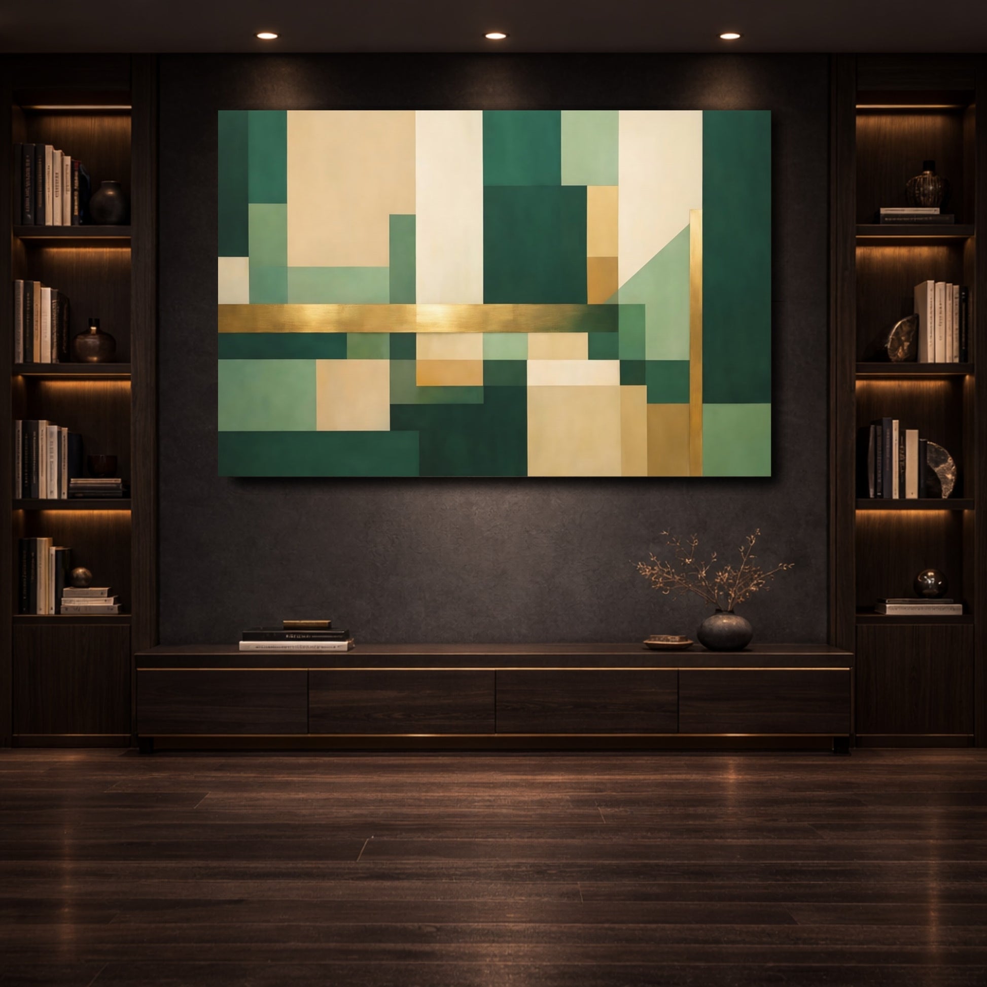 Mockup 3. Abstract Geometric Shapes Green Gold Abstract shown as stretched canvas wall art