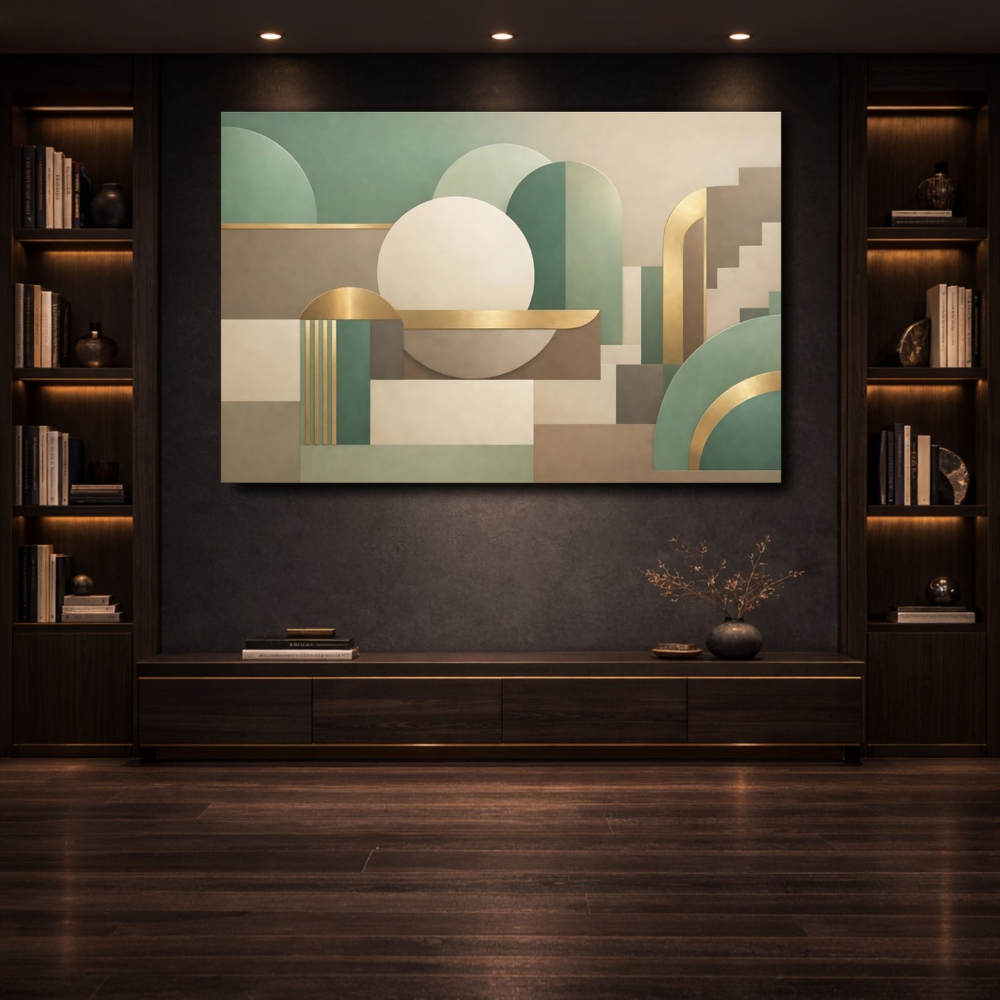 Mockup 3. Abstract Geometric Shapes Green Gold Abstract shown as stretched canvas wall art