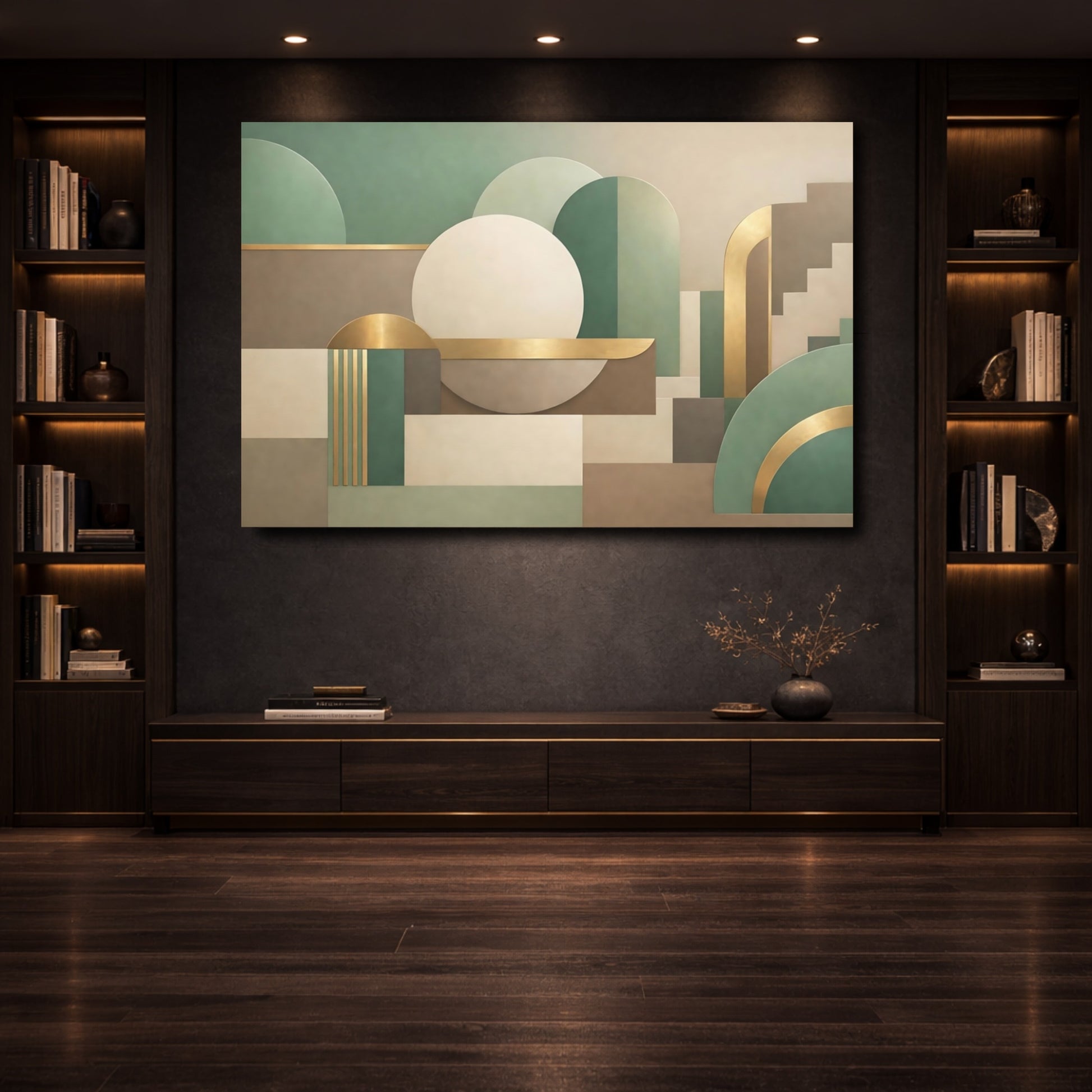 Mockup 3. Abstract Geometric Shapes Green Gold Abstract shown as stretched canvas wall art