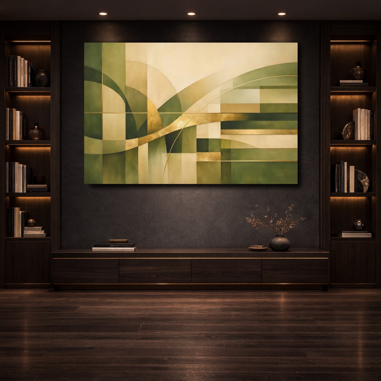 Mockup 3. Abstract Geometric Shapes Green Gold Abstract shown as stretched canvas wall art