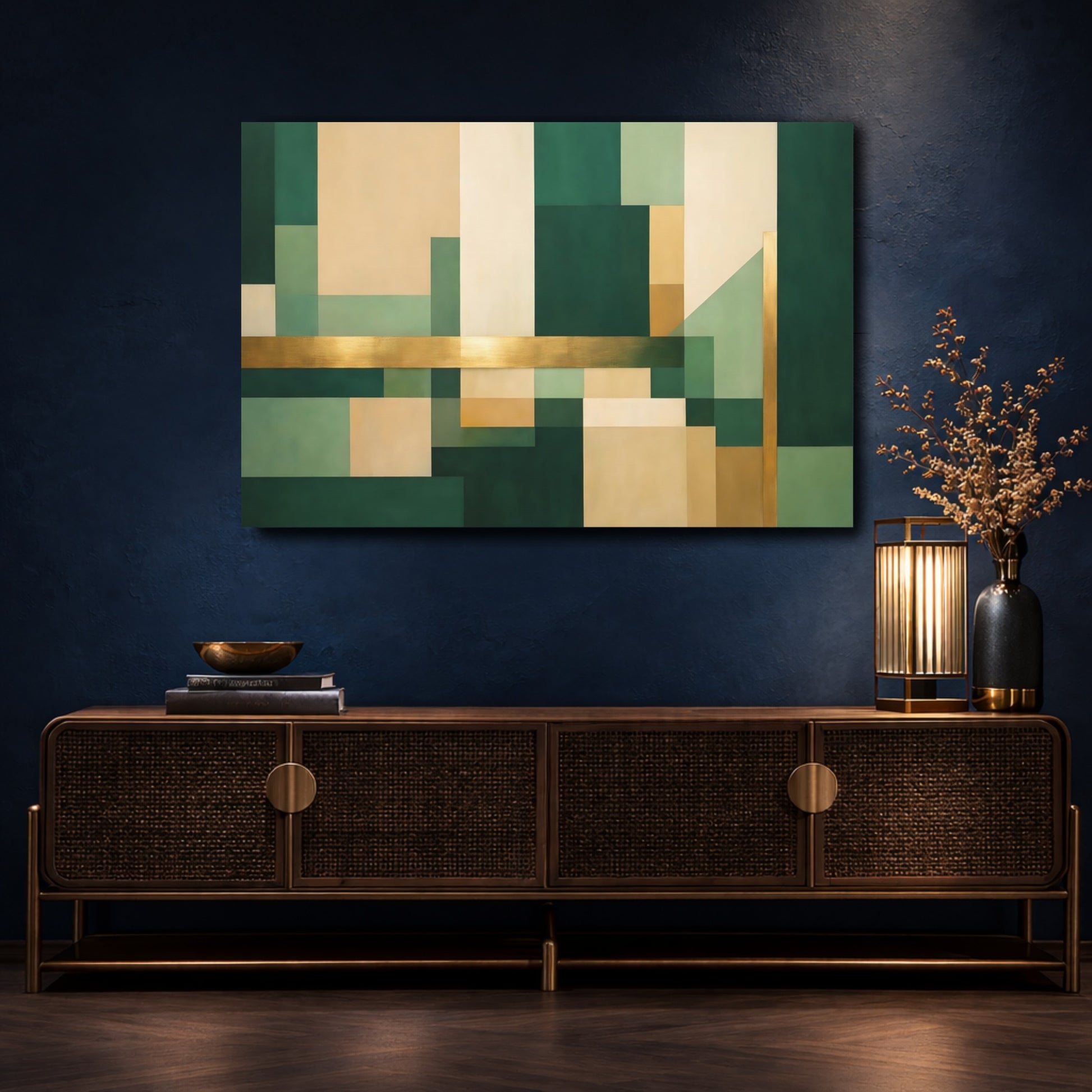 Mockup 4. Abstract Geometric Shapes Green Gold Abstract shown as stretched canvas wall art