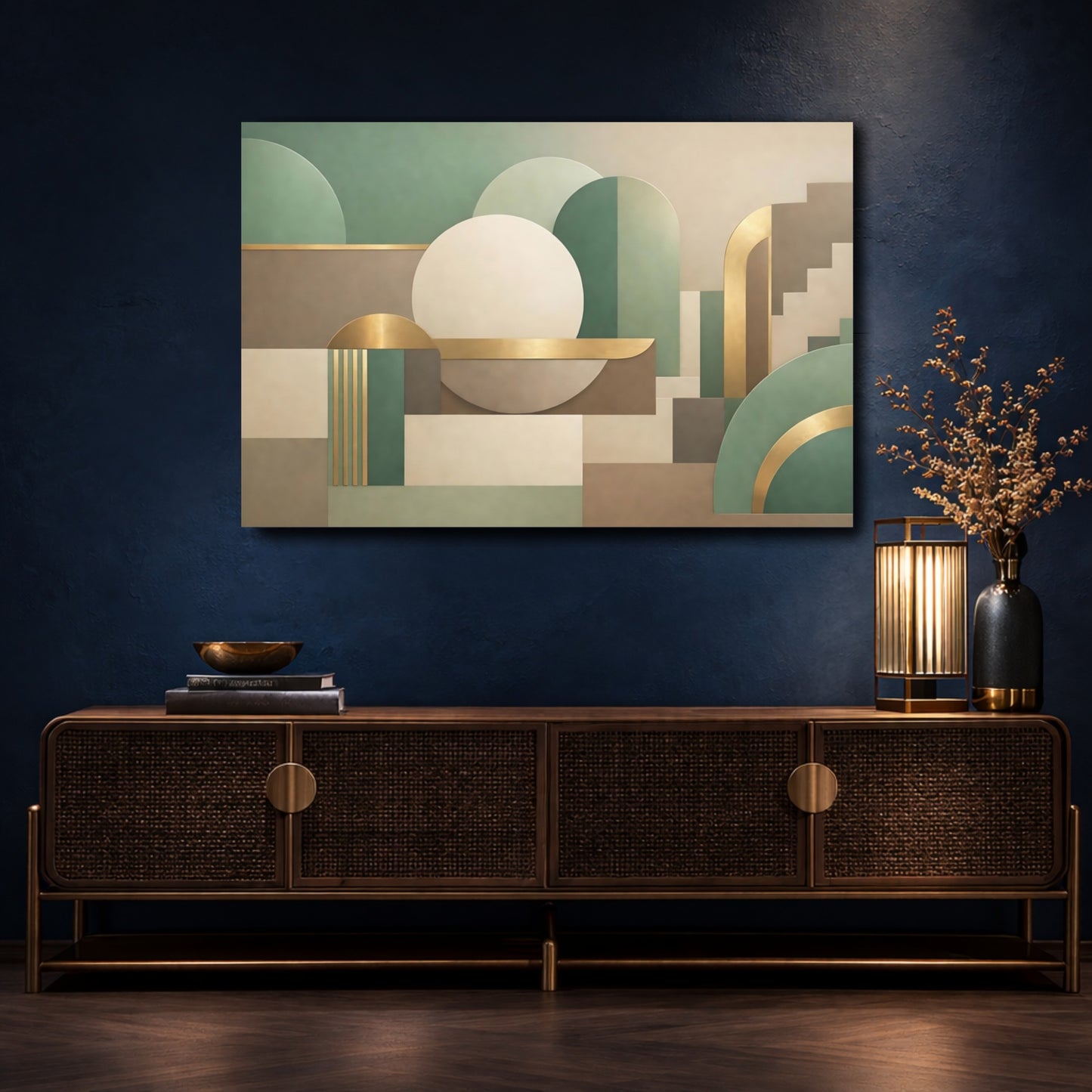 Mockup 4. Abstract Geometric Shapes Green Gold Abstract shown as stretched canvas wall art