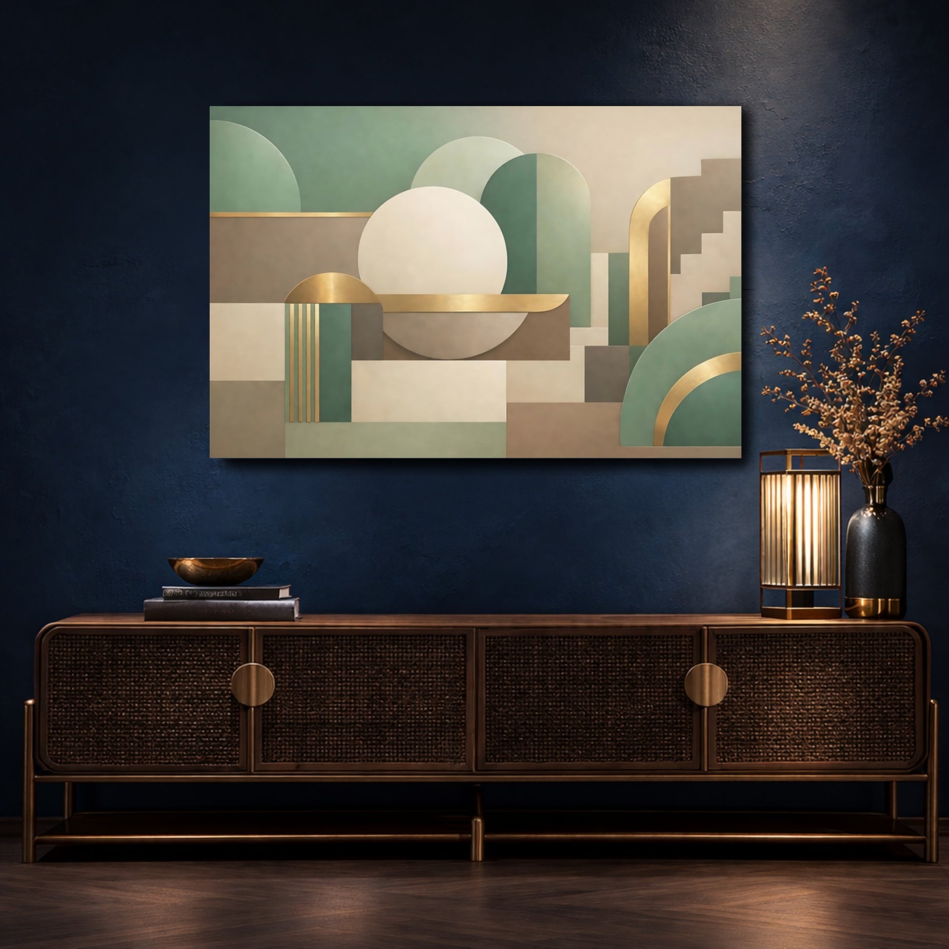 Mockup 4. Abstract Geometric Shapes Green Gold Abstract shown as stretched canvas wall art