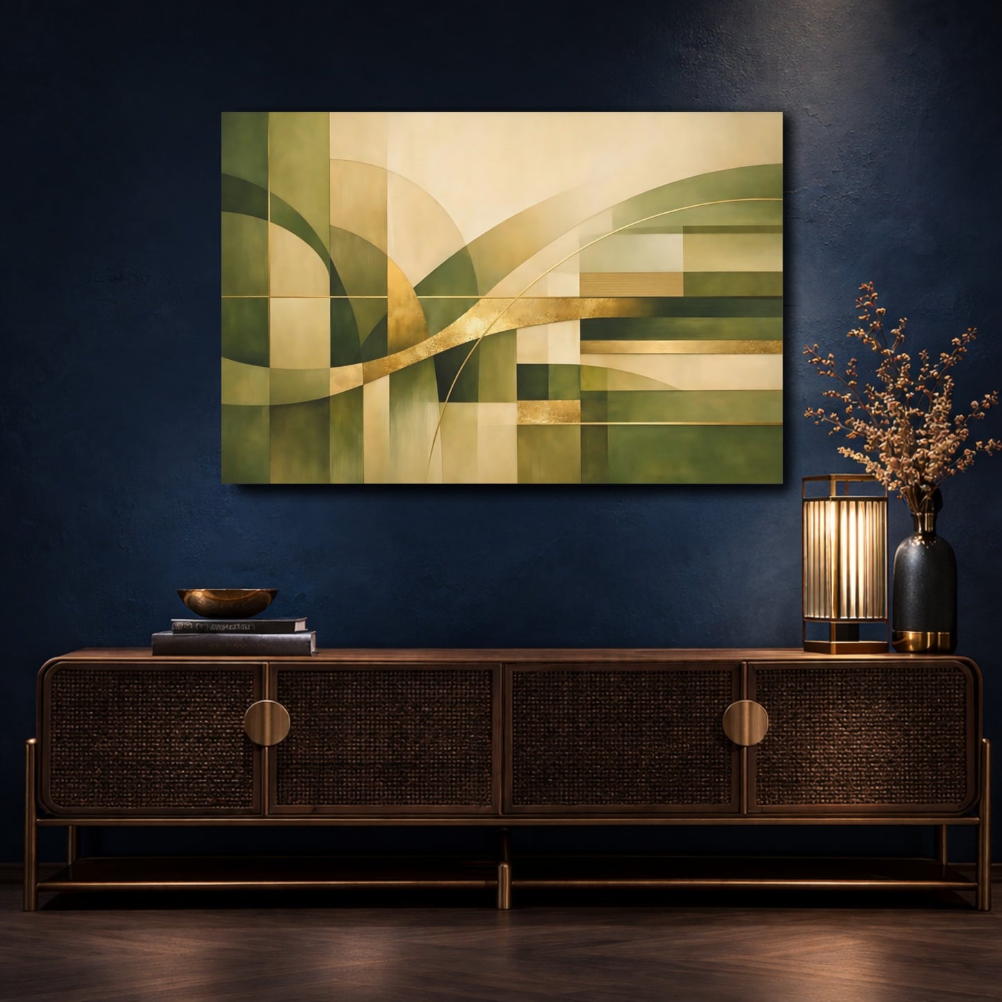 Mockup 4. Abstract Geometric Shapes Green Gold Abstract shown as stretched canvas wall art