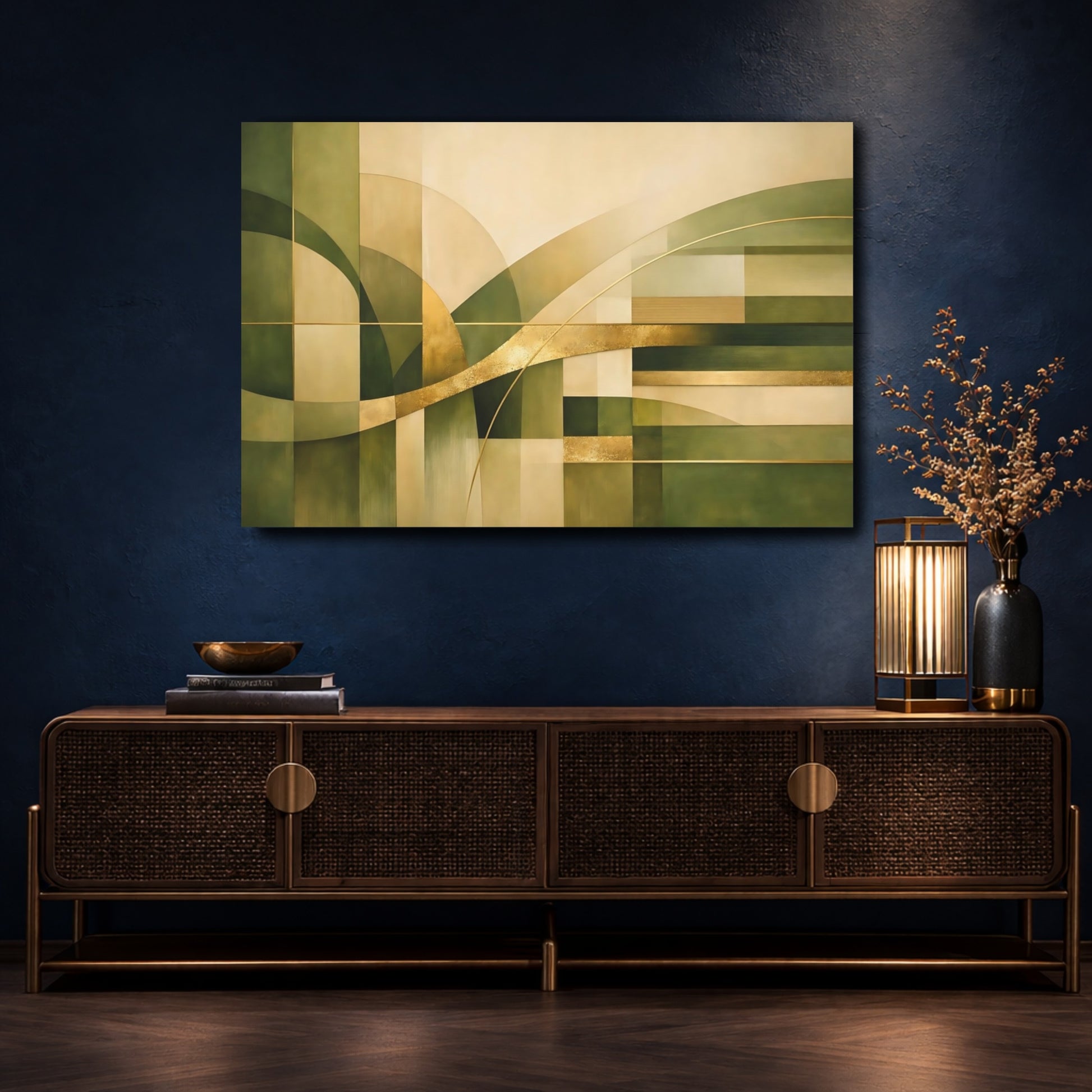 Mockup 4. Abstract Geometric Shapes Green Gold Abstract shown as stretched canvas wall art
