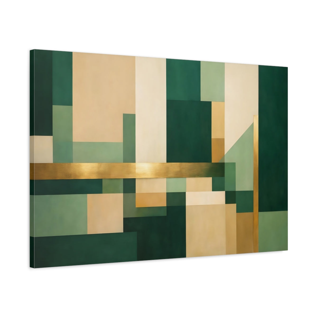 Side Mockup 1. Abstract Geometric Shapes Green Gold Abstract shown as stretched canvas wall art