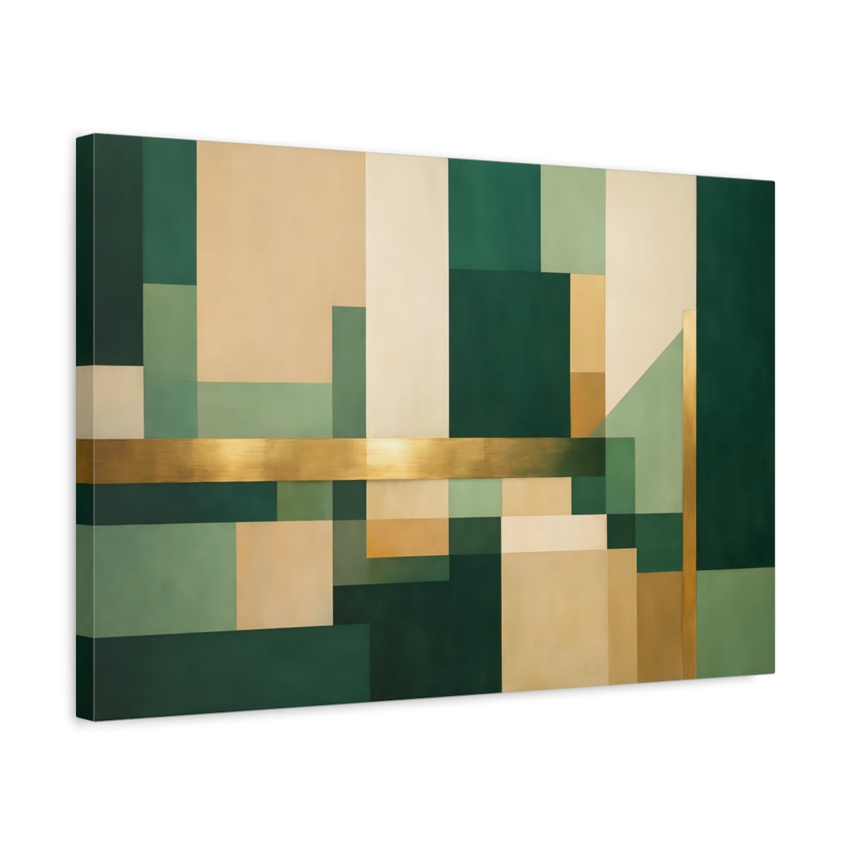 Side Mockup 3. Abstract Geometric Shapes Green Gold Abstract shown as stretched canvas wall art