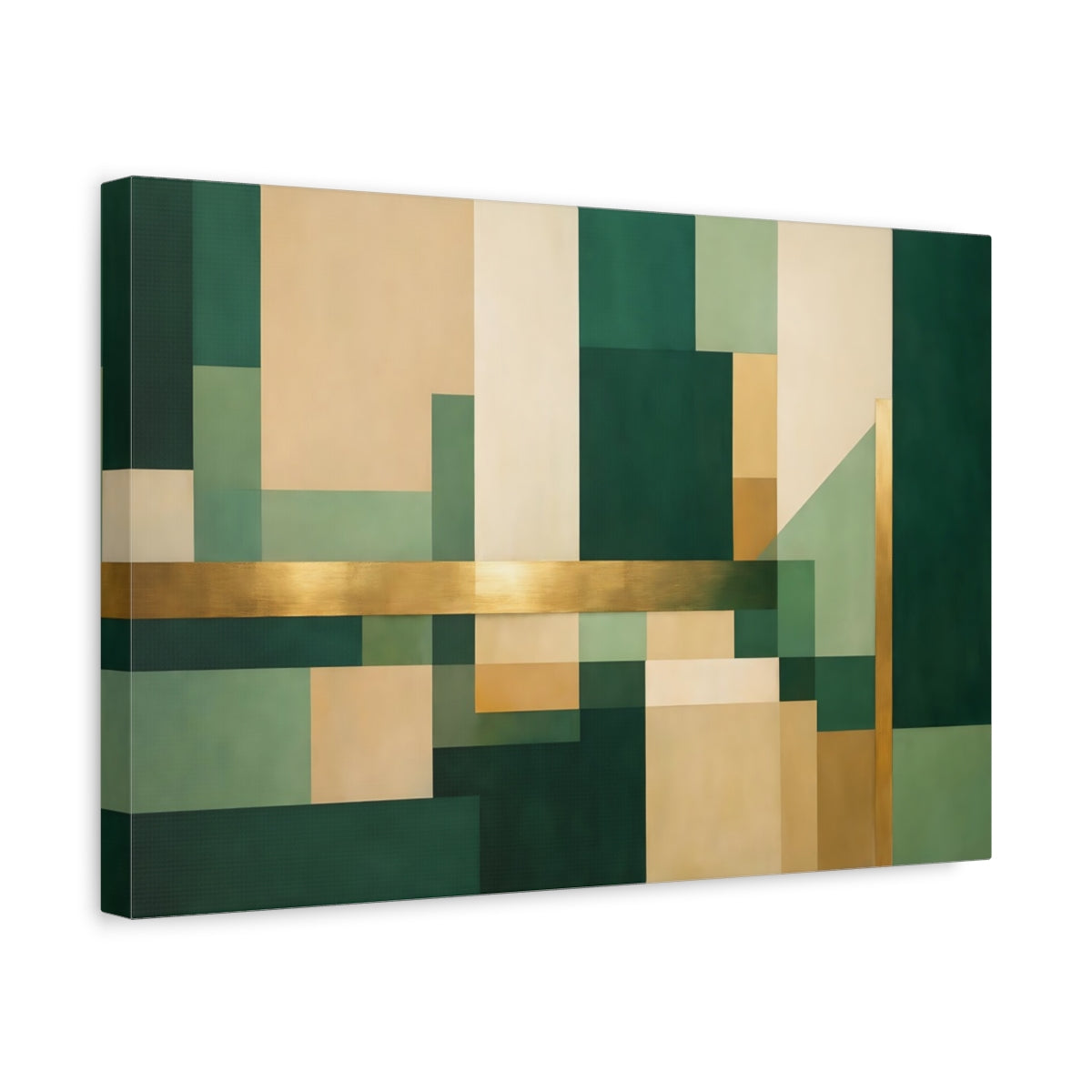 Side Mockup 4. Abstract Geometric Shapes Green Gold Abstract shown as stretched canvas wall art