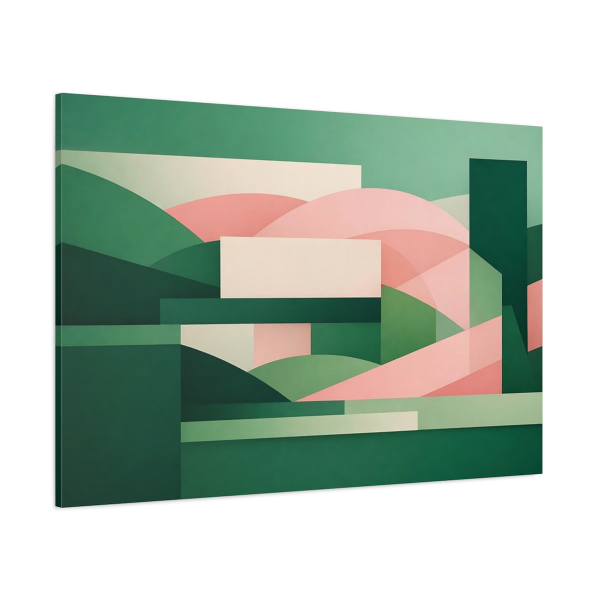 Main Mockup. Abstract Geometric Shapes Green Pink Abstract shown as stretched canvas wall art