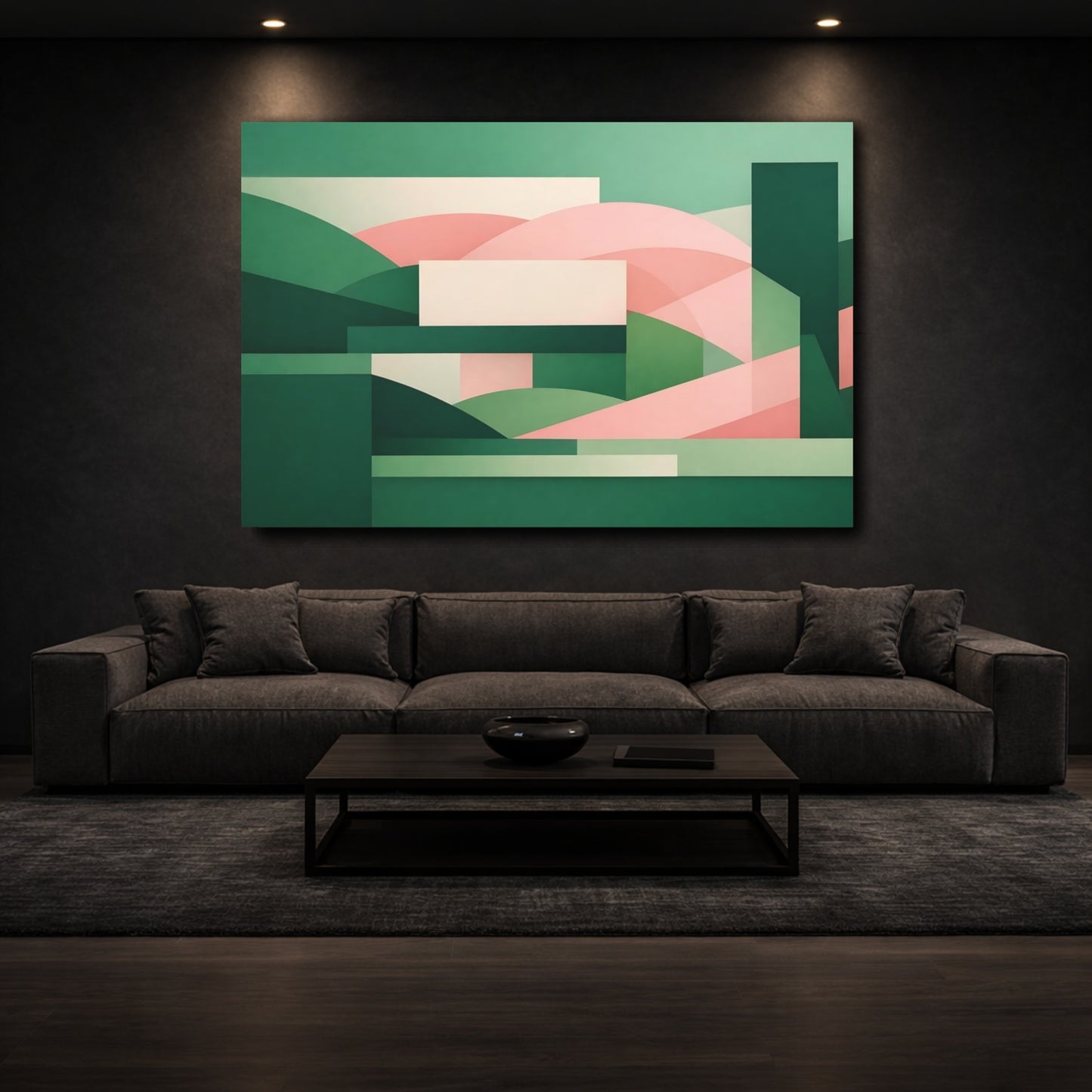Mockup 2. Abstract Geometric Shapes Green Pink Abstract shown as stretched canvas wall art