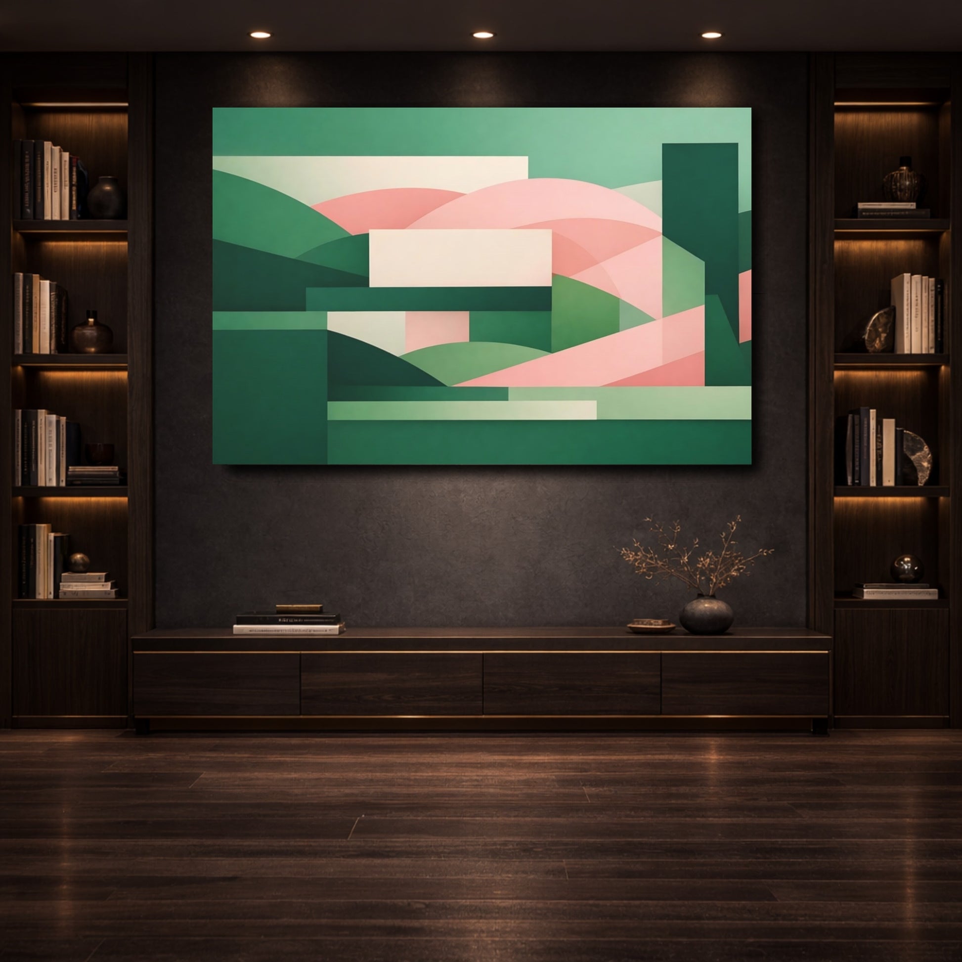 Mockup 3. Abstract Geometric Shapes Green Pink Abstract shown as stretched canvas wall art