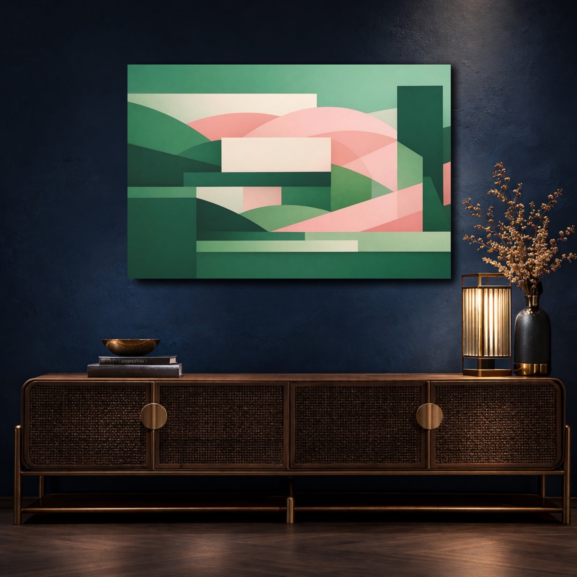 Mockup 4. Abstract Geometric Shapes Green Pink Abstract shown as stretched canvas wall art