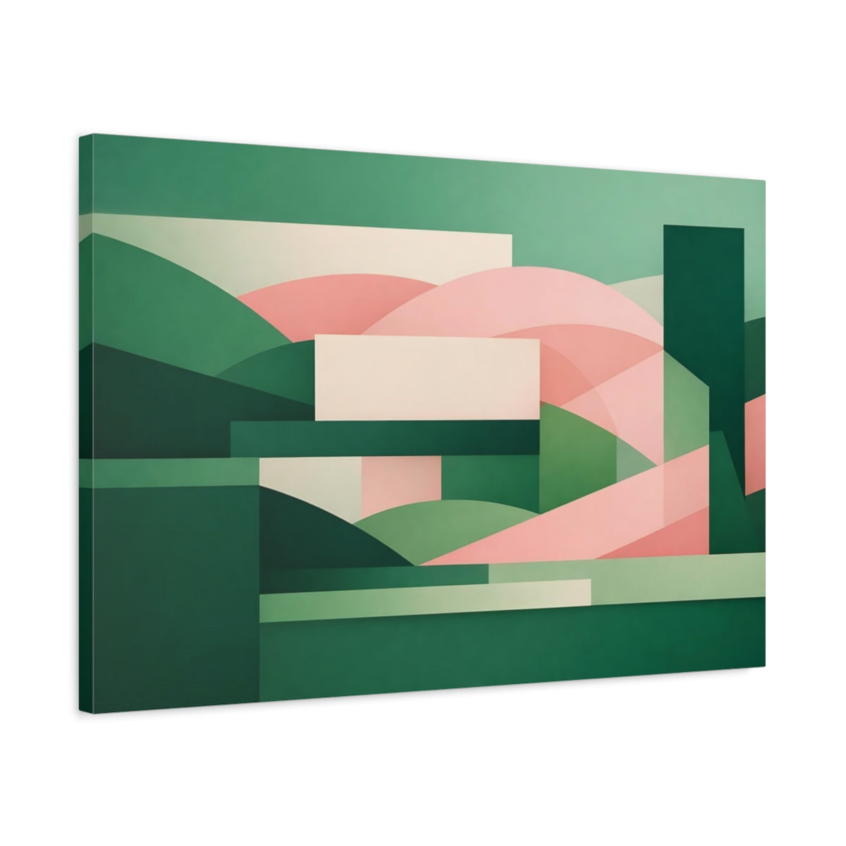 Side Mockup 2. Abstract Geometric Shapes Green Pink Abstract shown as stretched canvas wall art