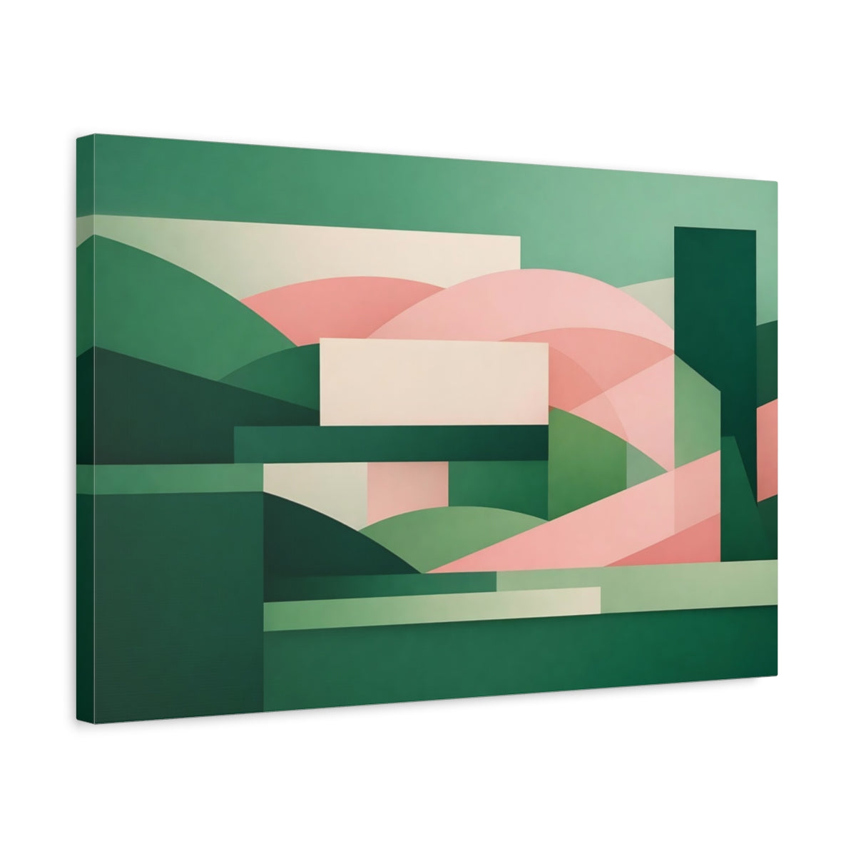 Side Mockup 3. Abstract Geometric Shapes Green Pink Abstract shown as stretched canvas wall art