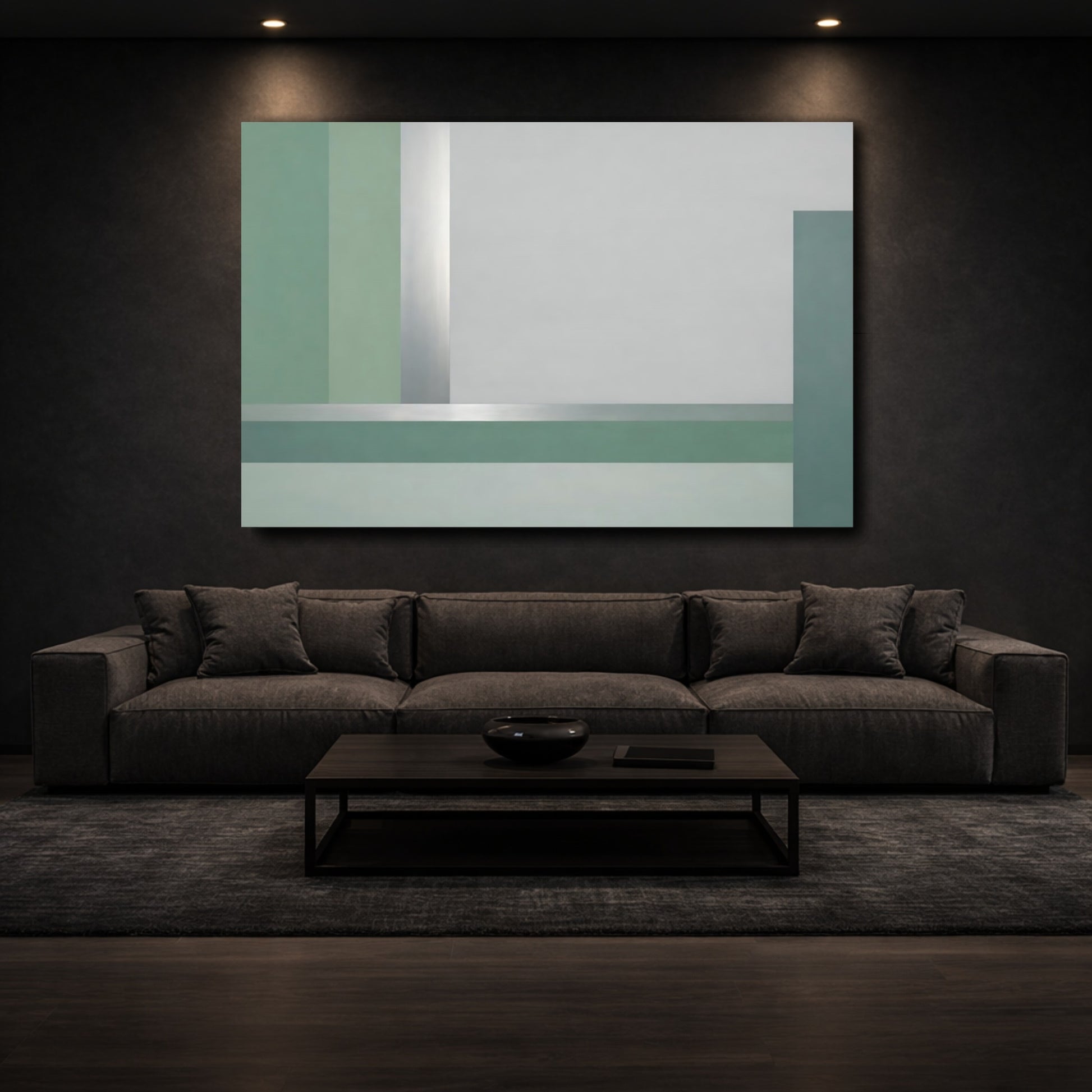 Mockup 2. Abstract Geometric Shapes Green Silver Abstract shown as stretched canvas wall art
