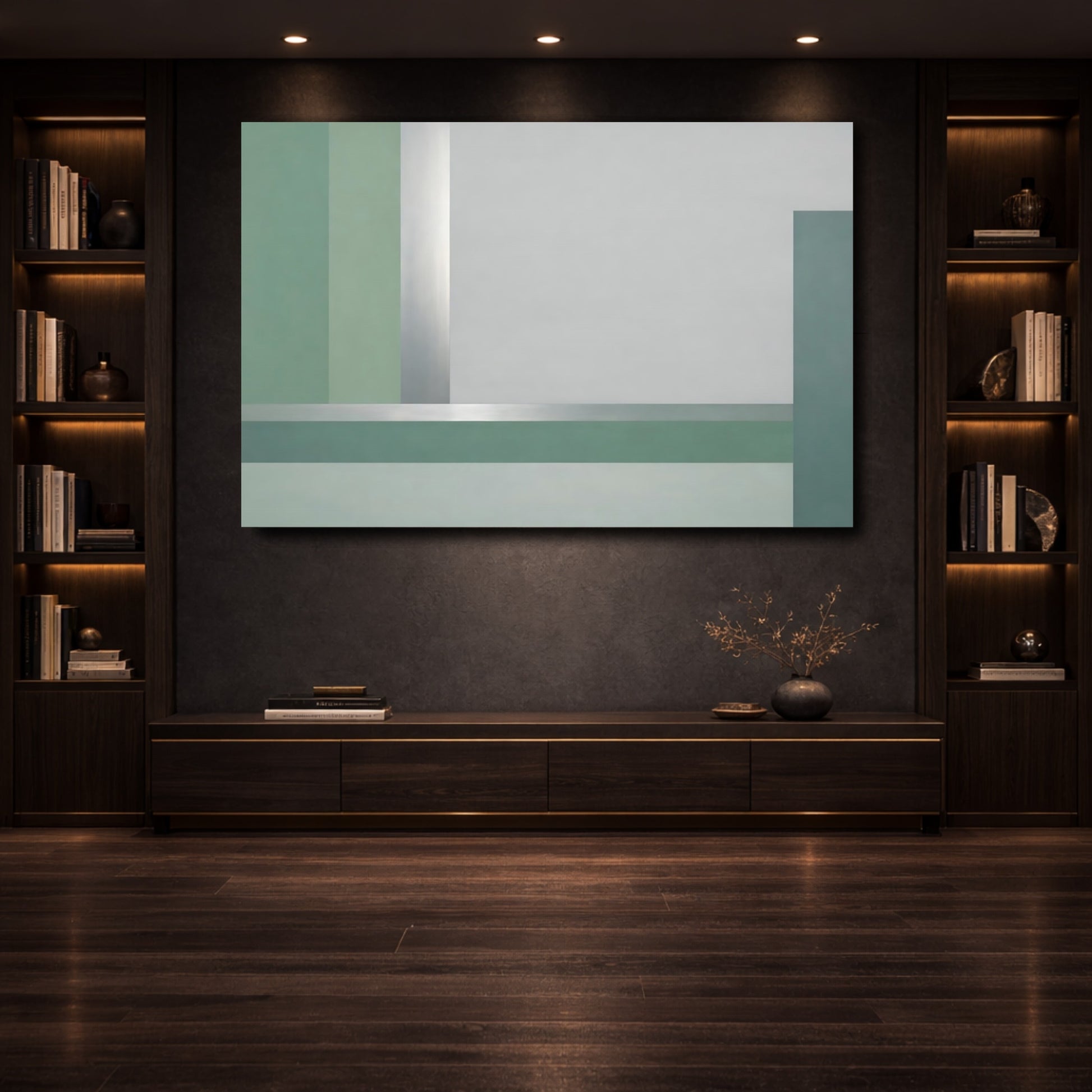 Mockup 3. Abstract Geometric Shapes Green Silver Abstract shown as stretched canvas wall art