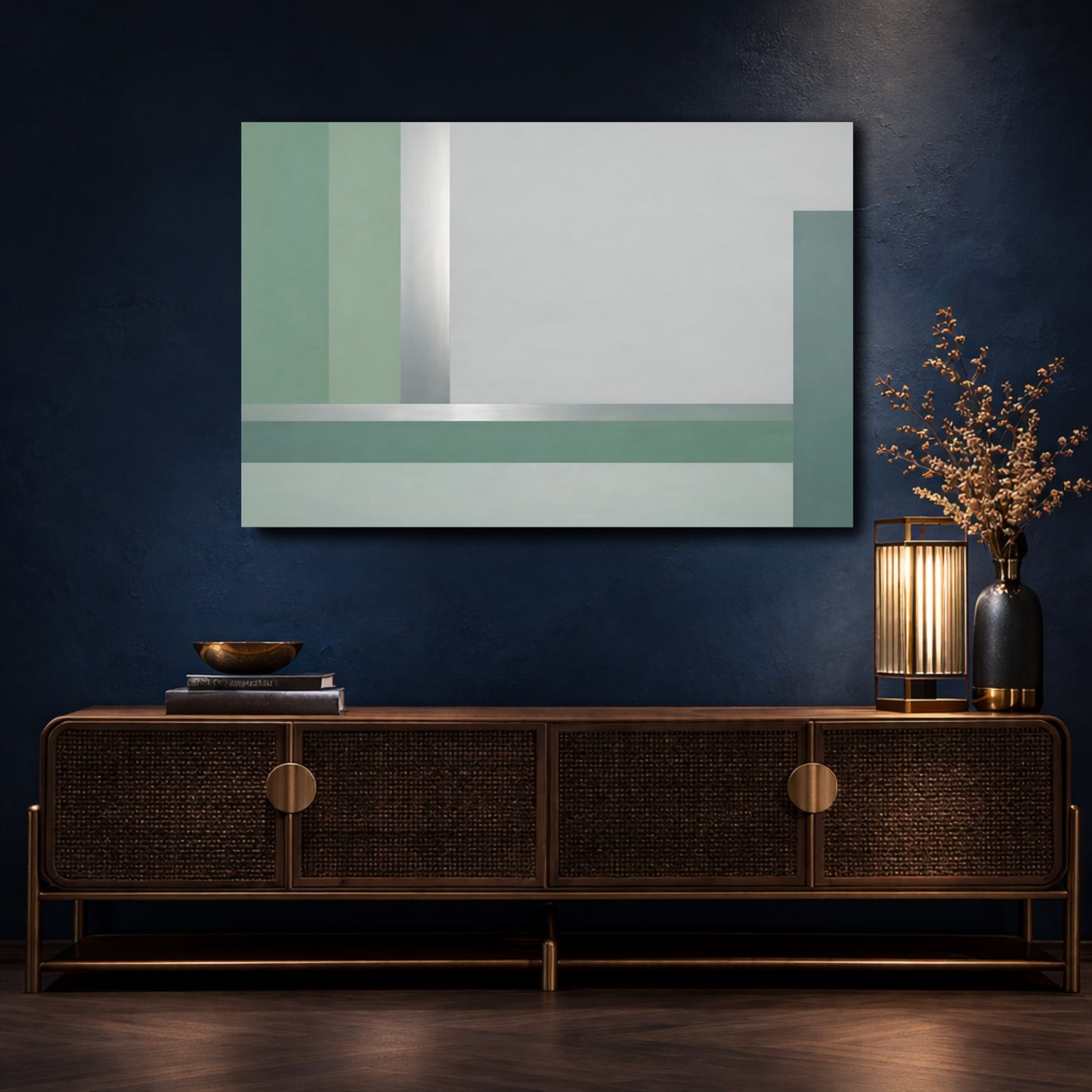Mockup 4. Abstract Geometric Shapes Green Silver Abstract shown as stretched canvas wall art