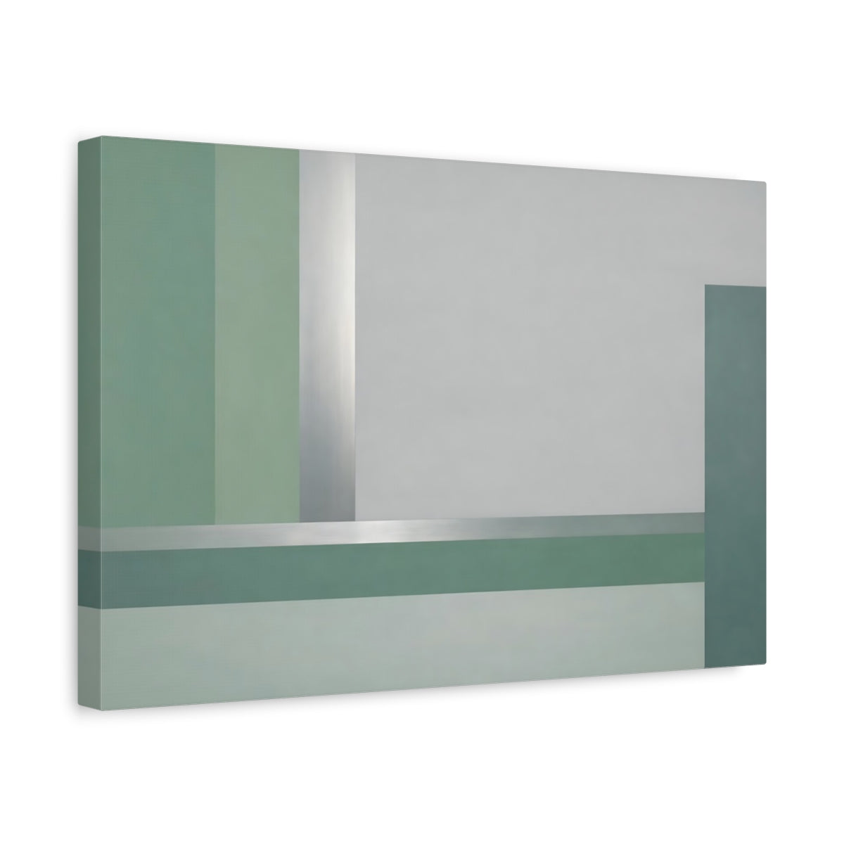 Side Mockup 4. Abstract Geometric Shapes Green Silver Abstract shown as stretched canvas wall art