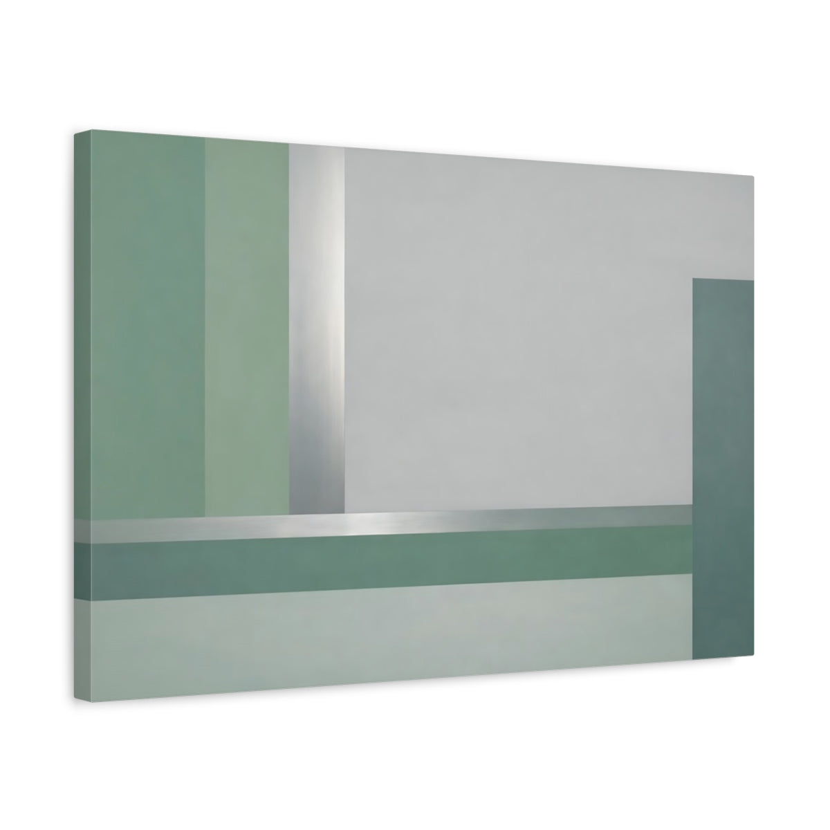Side Mockup 3. Abstract Geometric Shapes Green Silver Abstract shown as stretched canvas wall art