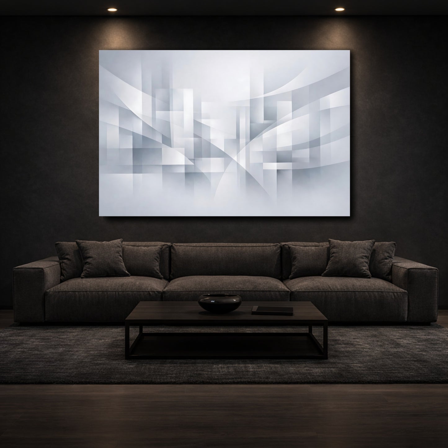 Mockup 2. Abstract Geometric Shapes Grey Abstract shown as stretched canvas wall art