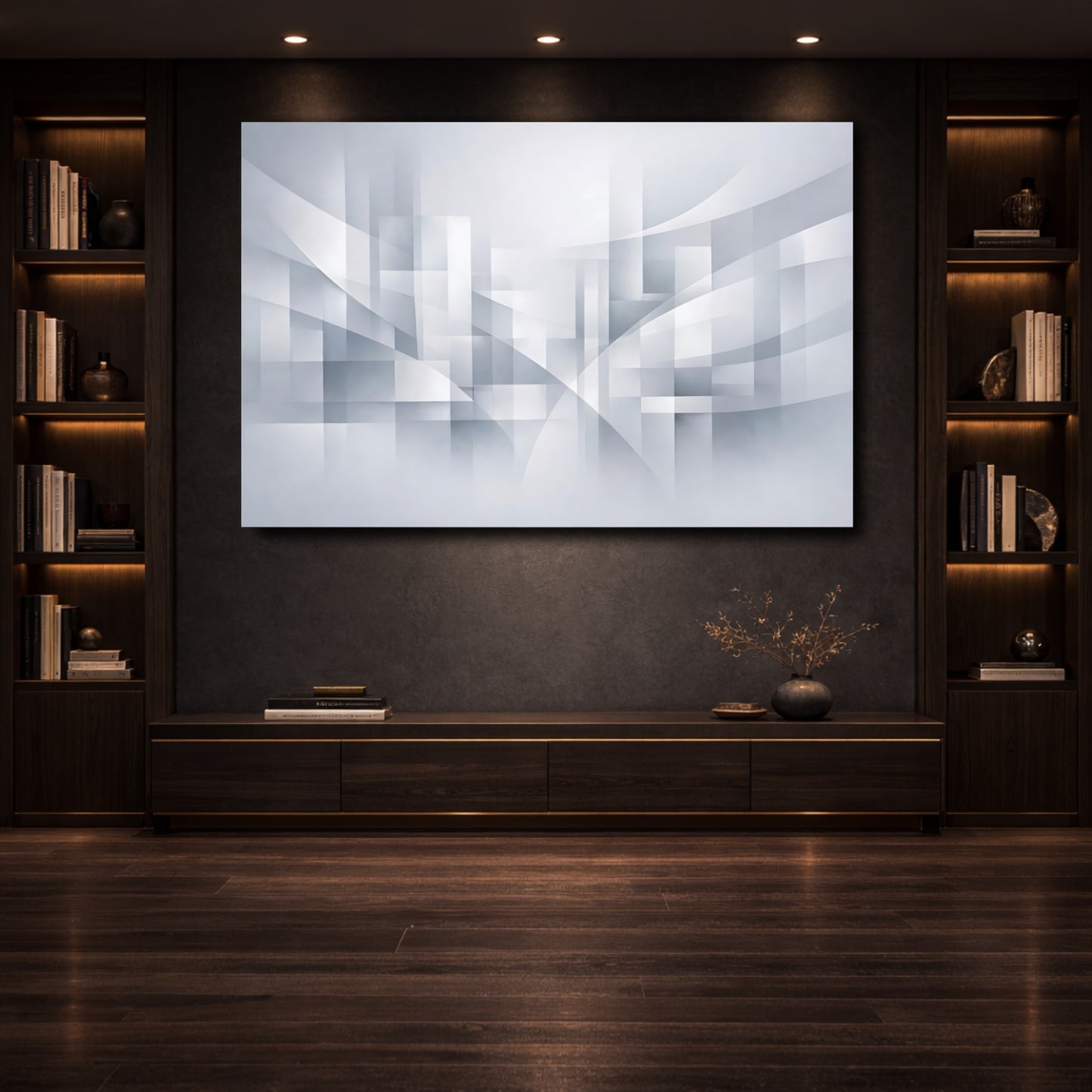 Mockup 3. Abstract Geometric Shapes Grey Abstract shown as stretched canvas wall art