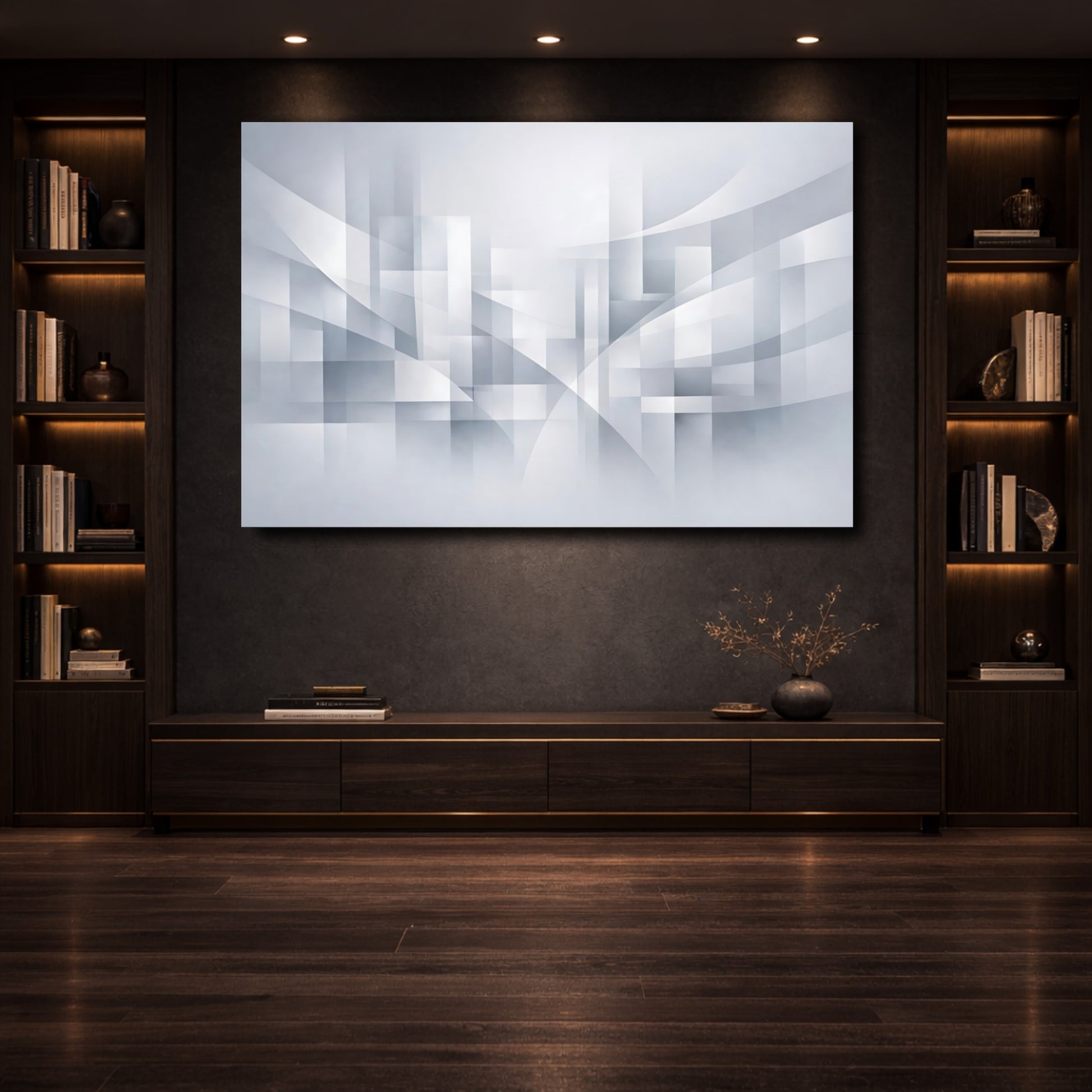 Mockup 3. Abstract Geometric Shapes Grey Abstract shown as stretched canvas wall art
