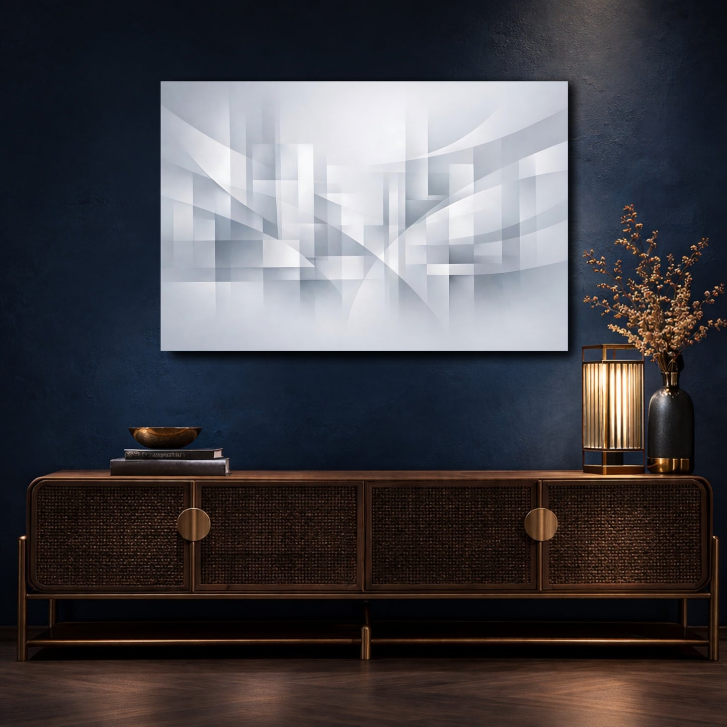 Mockup 4. Abstract Geometric Shapes Grey Abstract shown as stretched canvas wall art