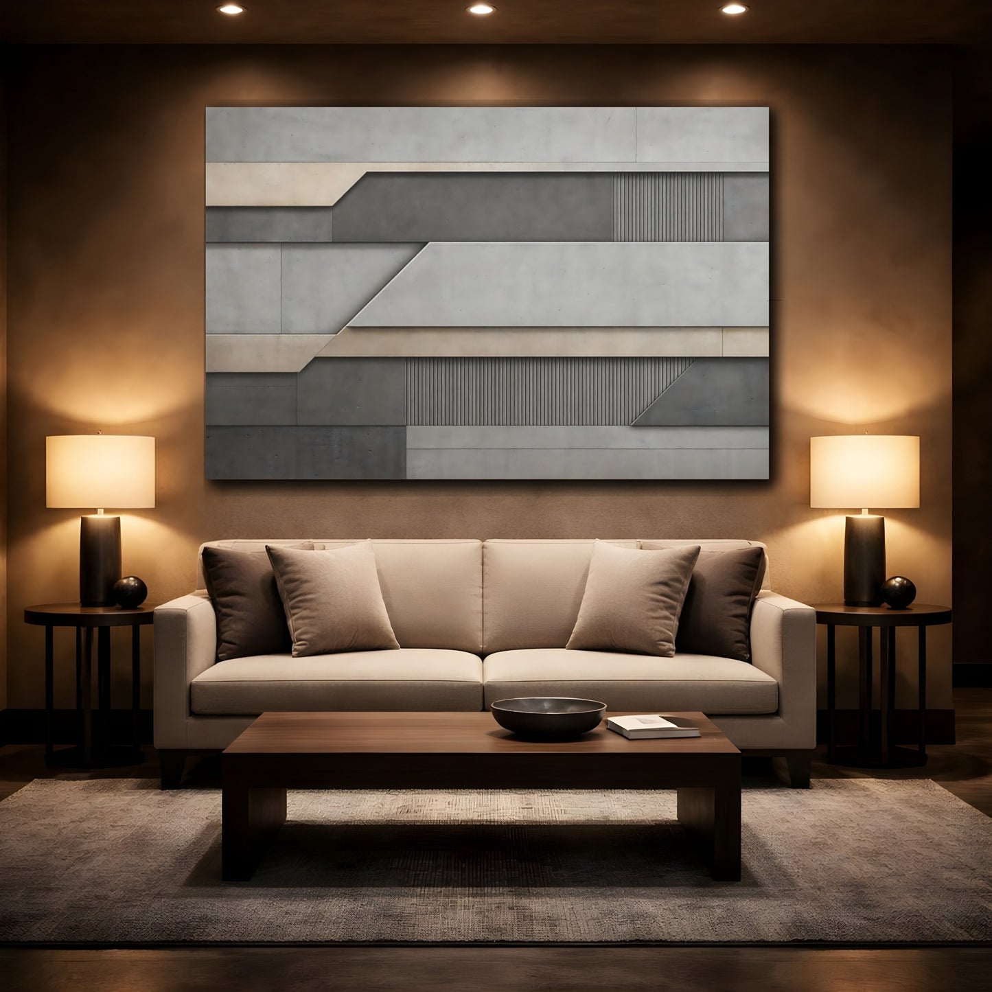 Mockup 2. Abstract Geometric Shapes Grey And Beige shown as stretched canvas wall art