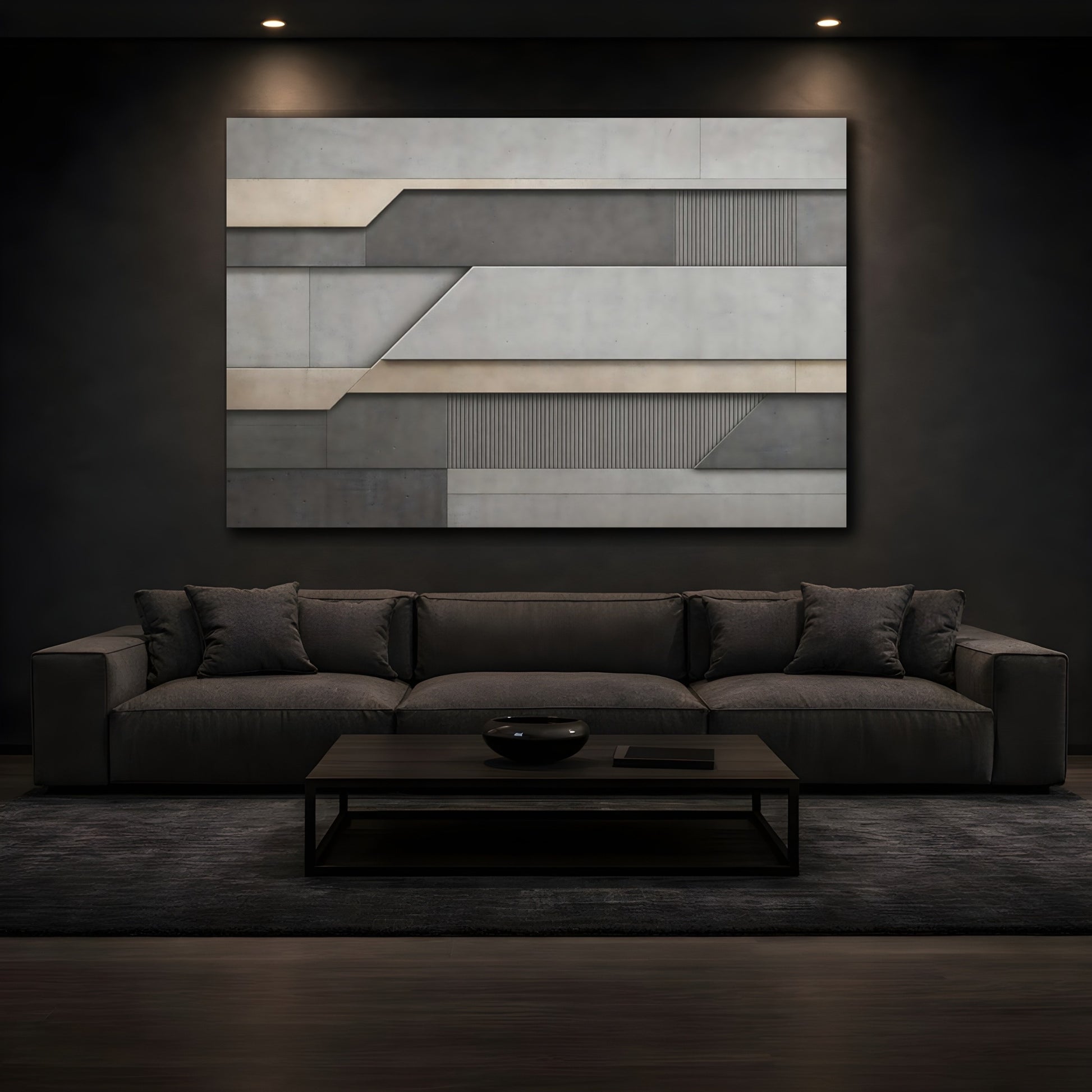 Mockup 3. Abstract Geometric Shapes Grey And Beige shown as stretched canvas wall art